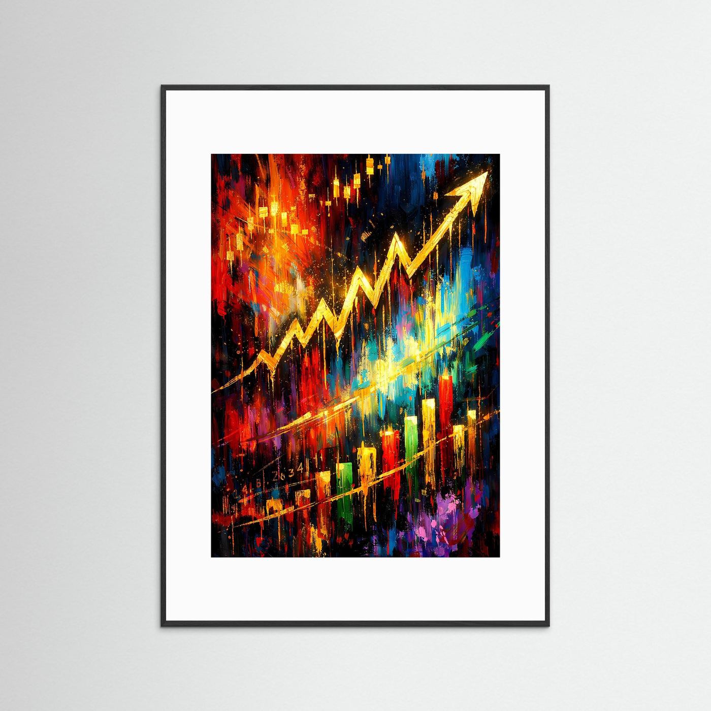 Hochformatiges Kunstposter mit abstraktem Börsen-Chart in Gold, Rot und Blau, schwarz gerahmt mit weißem Rand