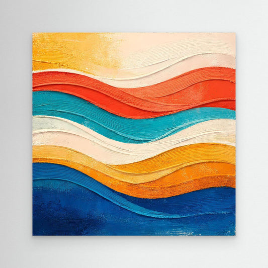 Abstraktes Leinwand-Wandbild mit Relief-Wellen in Gelb, Rot, Blau und Türkis, ungerahmt