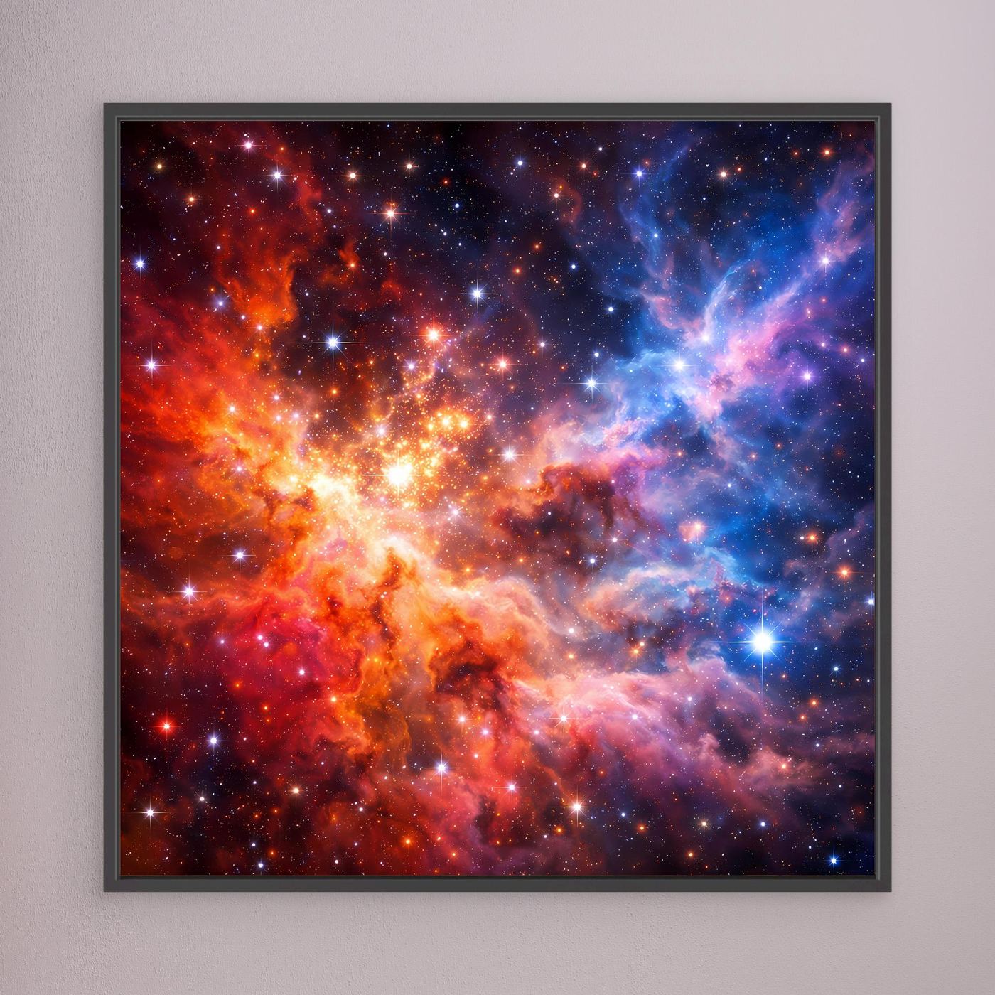Leinwandbild mit kosmischen Nebeln: rot-blauer Sternhimmel, dunkler Rahmen