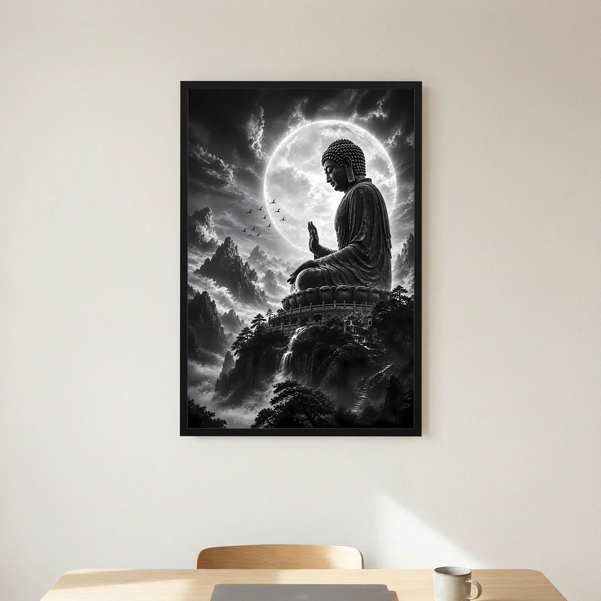 Wandposter im Hochformat: sitzender Buddha mit erhobener Hand vor Bergen und großem Mondkreis