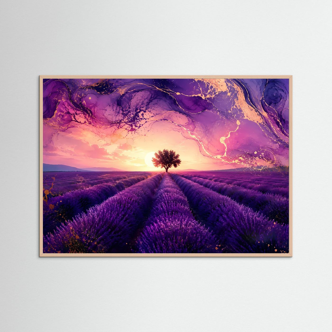 Lavendelfeld Poster | Provence Sonnenuntergang Wandbild | Lavendel Landschaft Kunst | Baum Silhouette | Moderne Fine Art