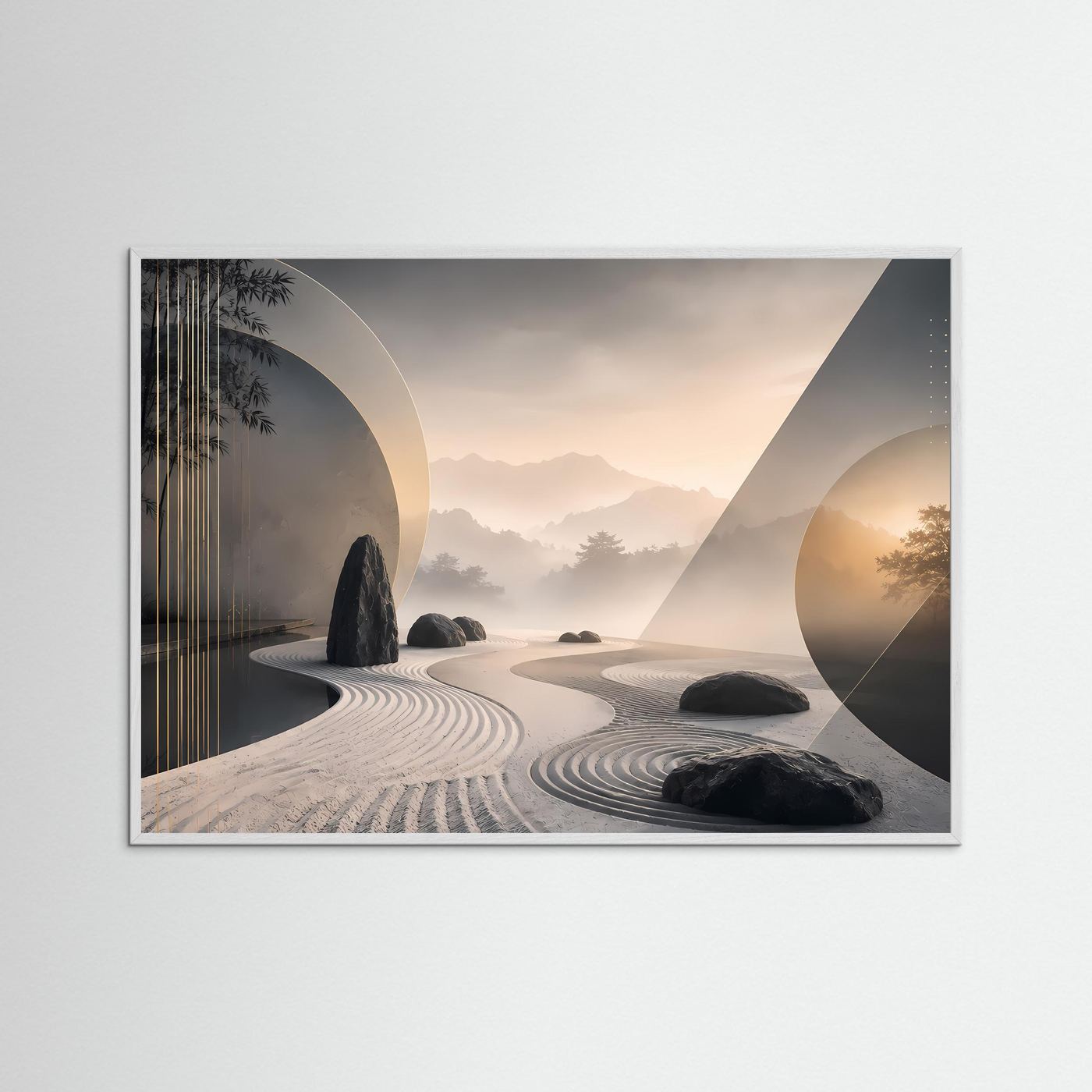 Querformatposter mit Zen-Garten, Kiesmuster und Felssteinen, im weißen Holzrahmen
