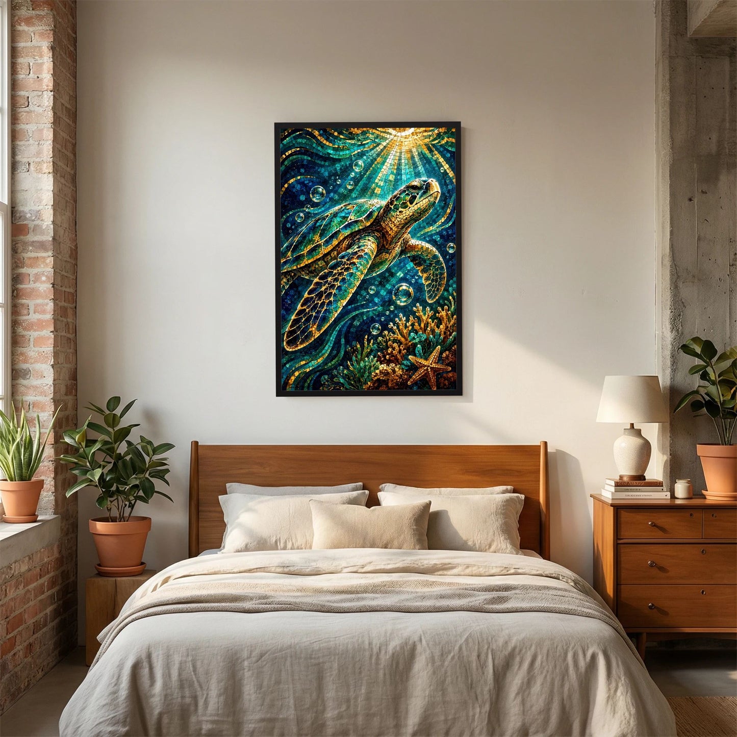 Hochformat-Poster mit Meeresschildkröte im Mosaikstil, türkis-goldenem Unterwassermotiv, Rahmen aus Holz