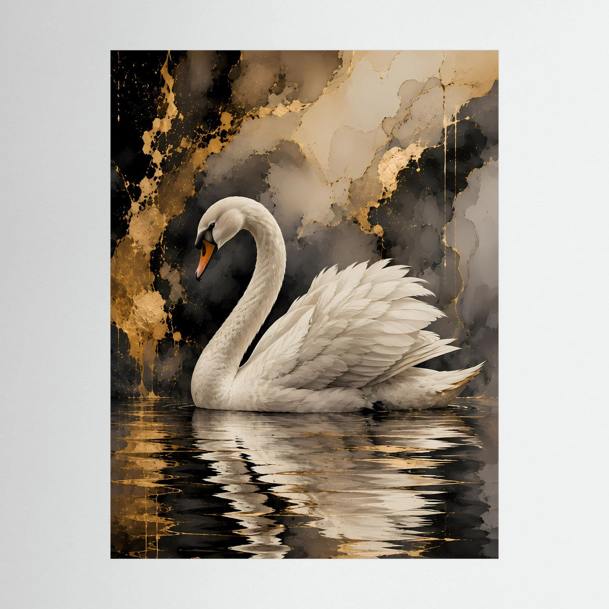 Detailansicht Kunstdruck: weißer Schwan auf goldenem Wasser mit Spiegelung
