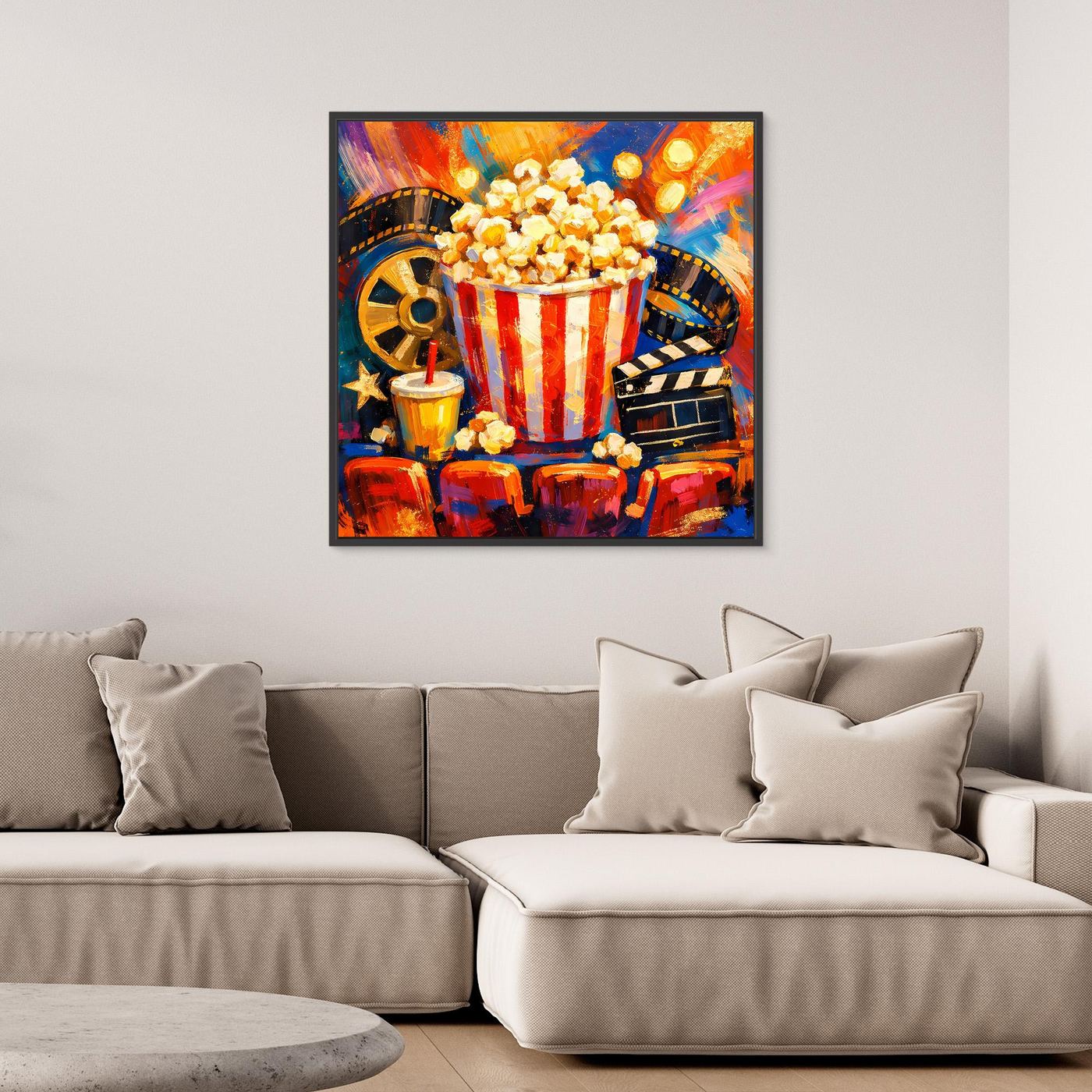 Leinwandbild mit Popcorn in Schüssel, Filmstreifen und orange-blauen Farbflächen