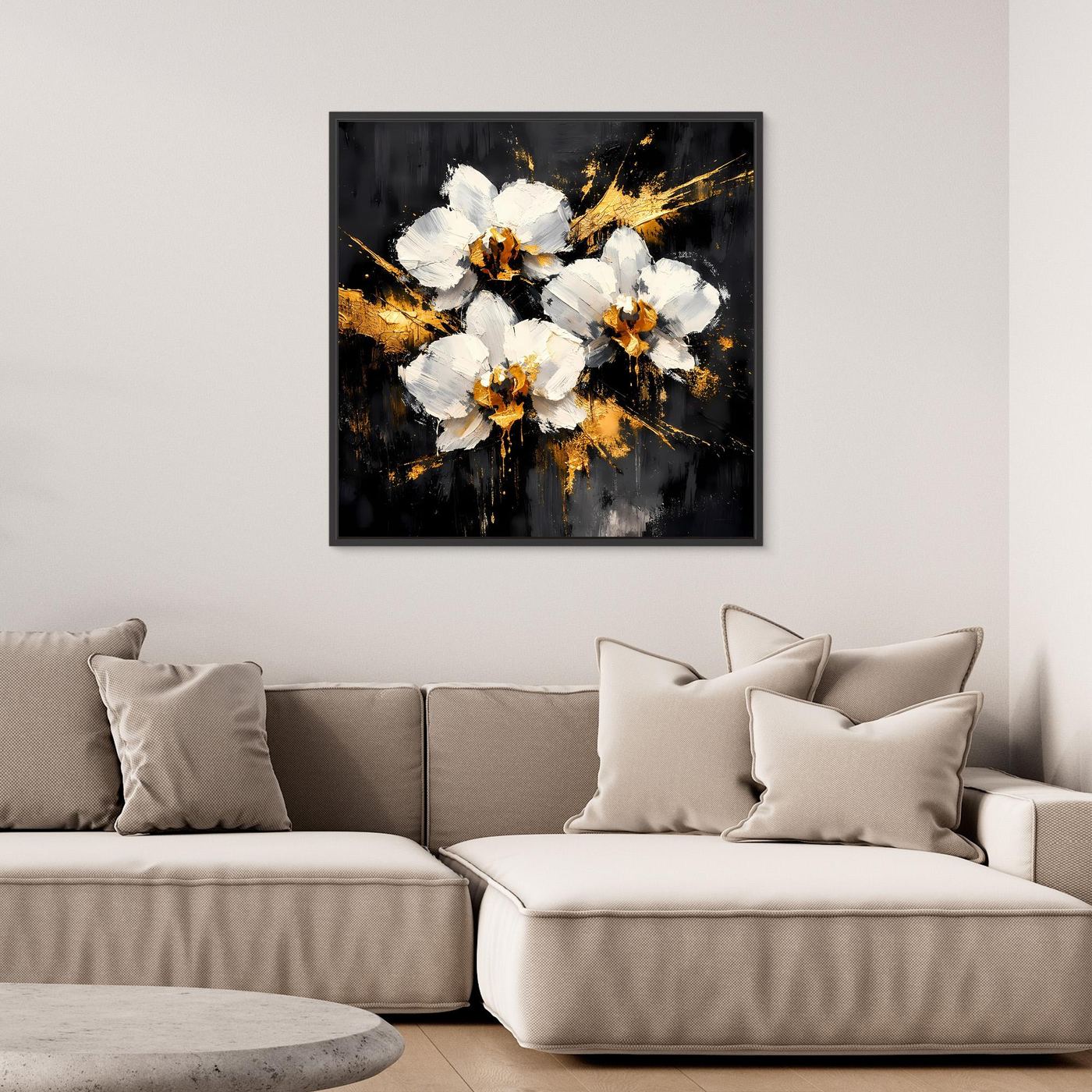 Leinwand Elegante Orchideen in Weiß und Gold | Modernes Abstraktes Blumen Wandbild