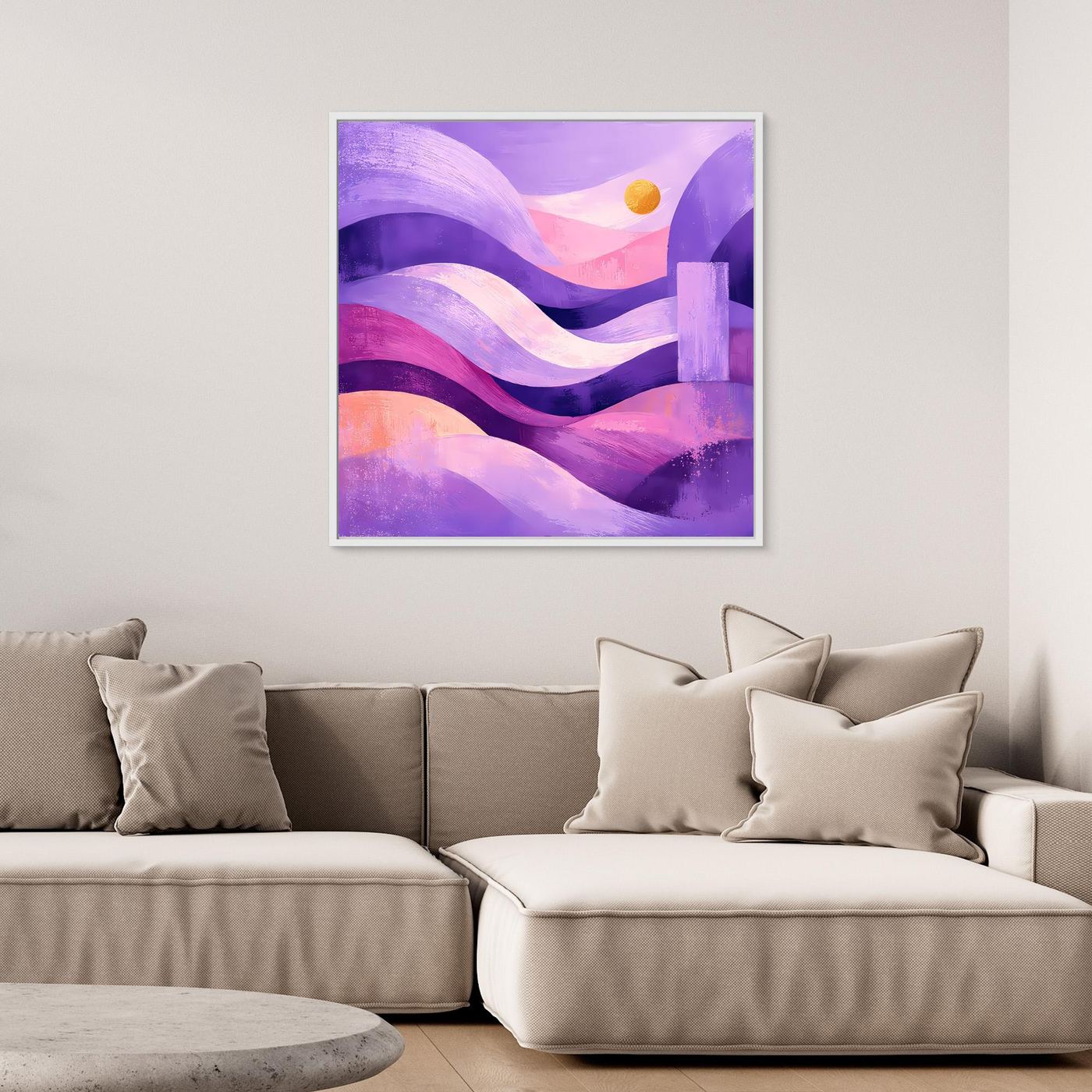 Quadratisches abstraktes Leinwand-Wandbild mit Lila- und Pinktönen, weißer Rahmen