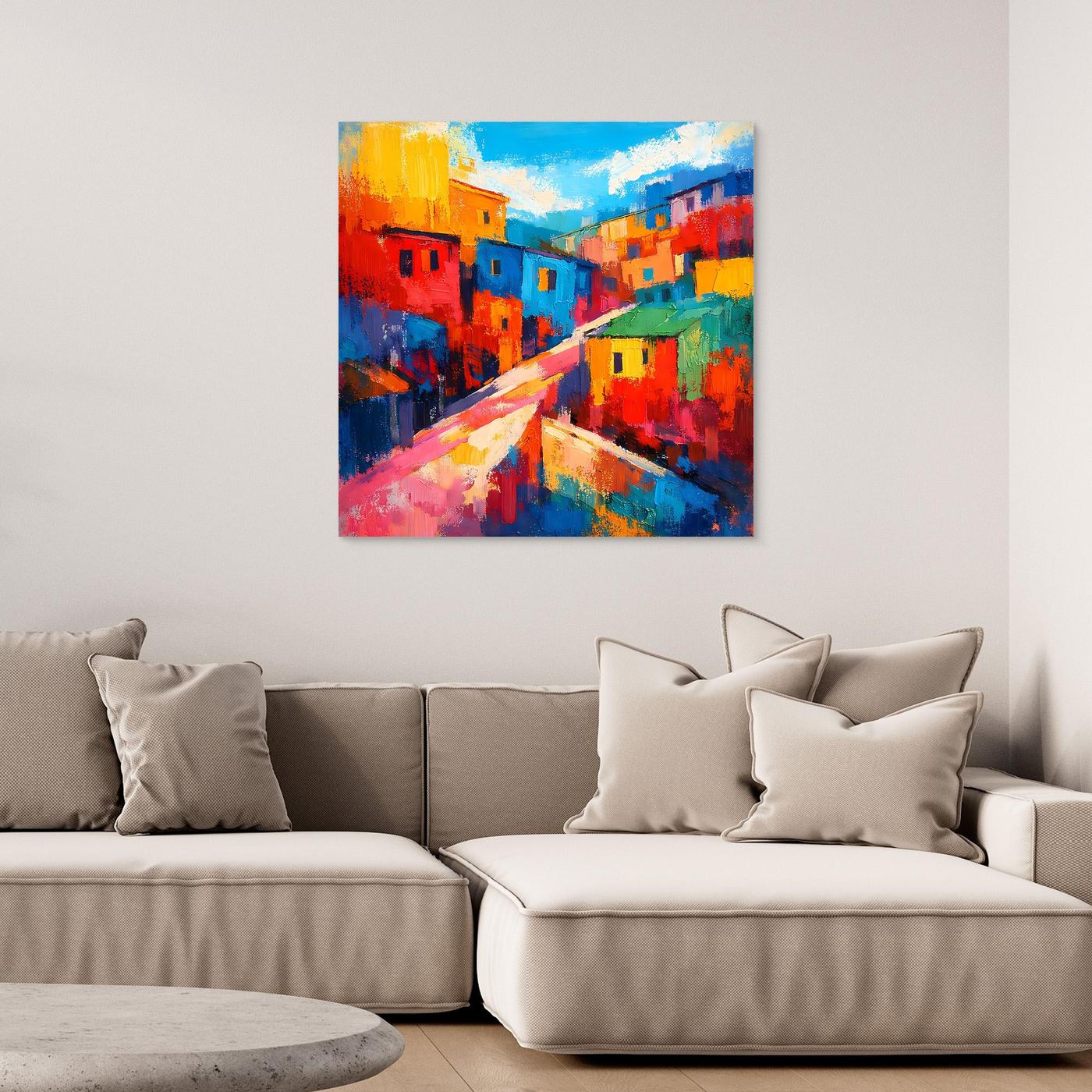 Buntes abstraktes Leinwand-Wandbild mit Stadtstraße und Häusern, ohne Rahmen