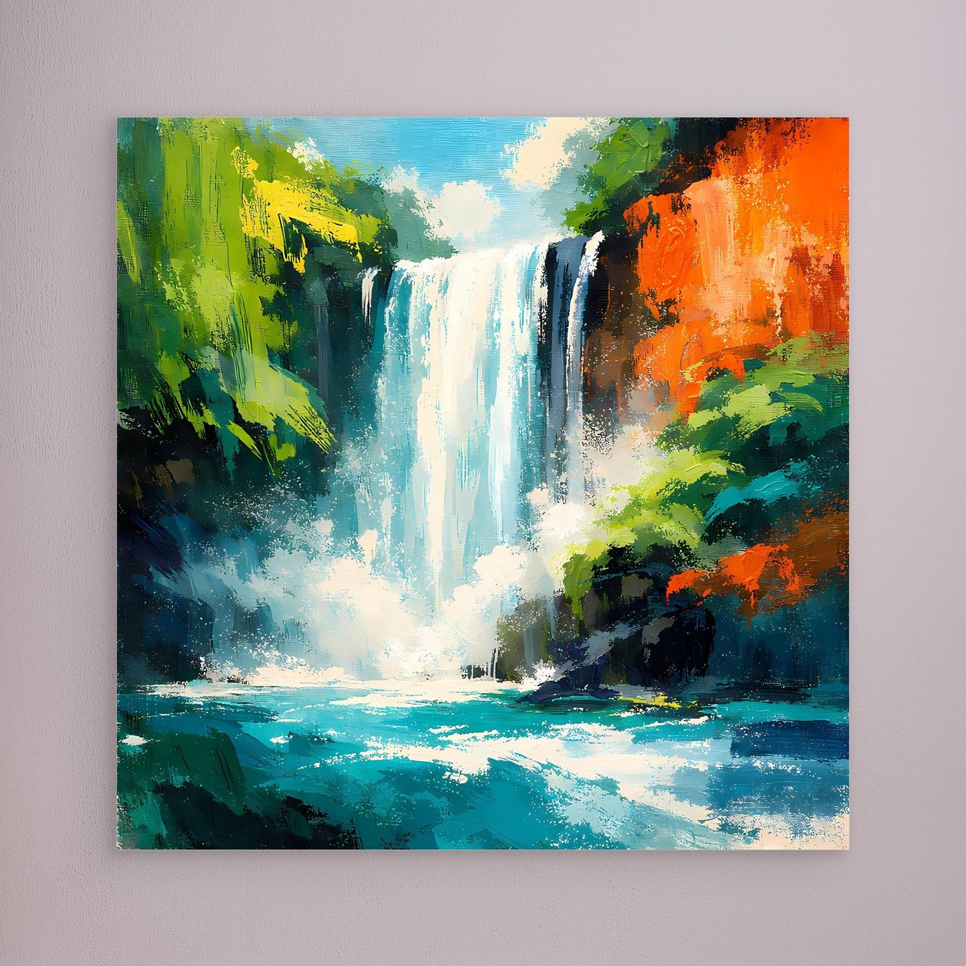 Leinwandbild mit tropischem Wasserfall im Dschungel, ohne sichtbaren Rahmen