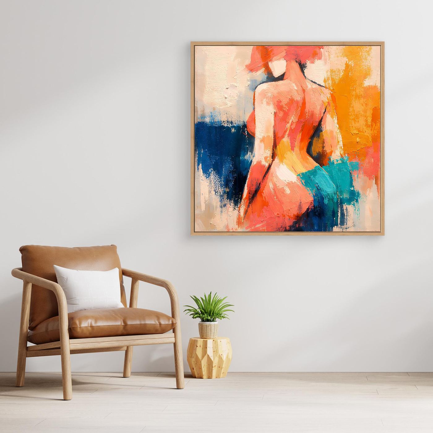 Canvas wall art print of abstract female back silhouette, wooden frame, orange blue green