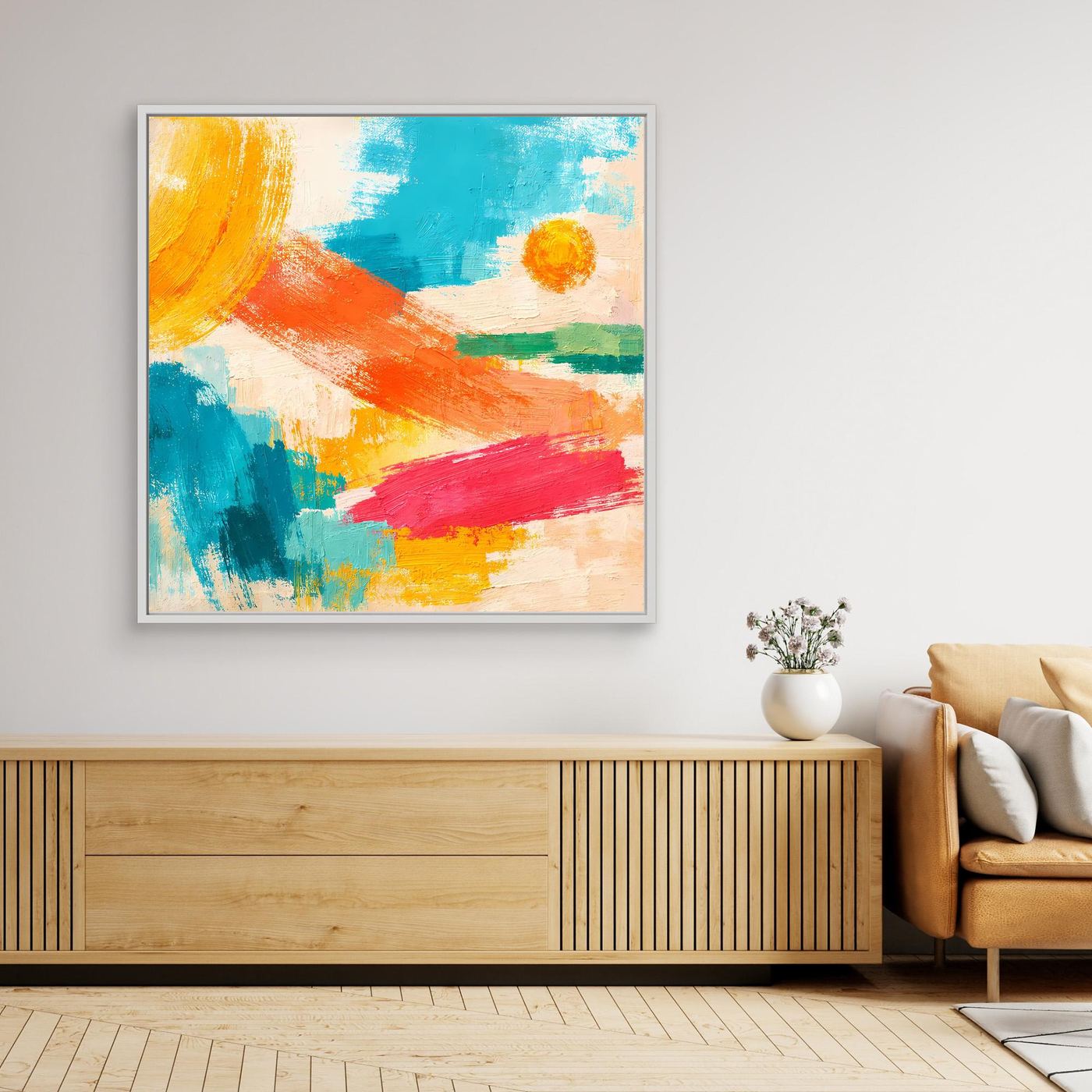 Framed canvas abstract wall art with orange, teal, pink, and yellow brushstrokes