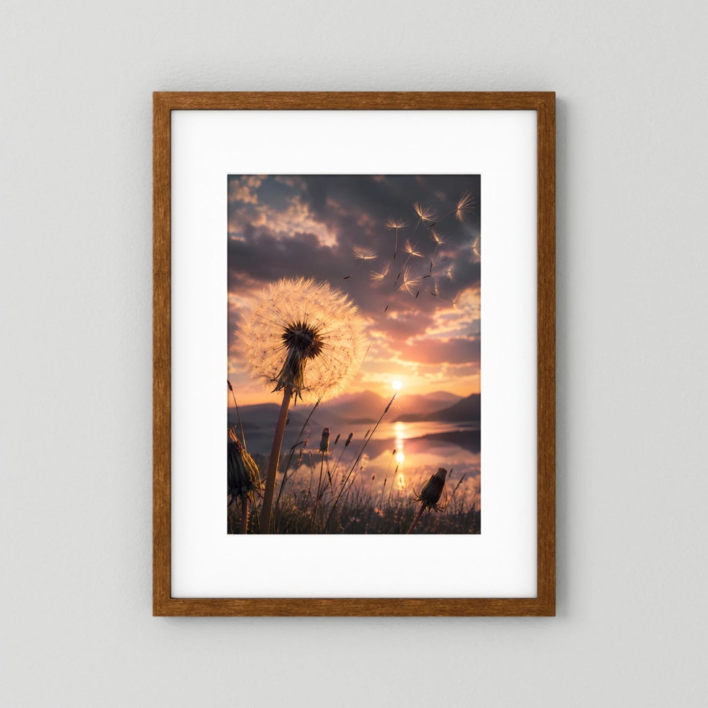 Poster mit Pusteblume im Sonnenuntergang in braunem Holzrahmen
