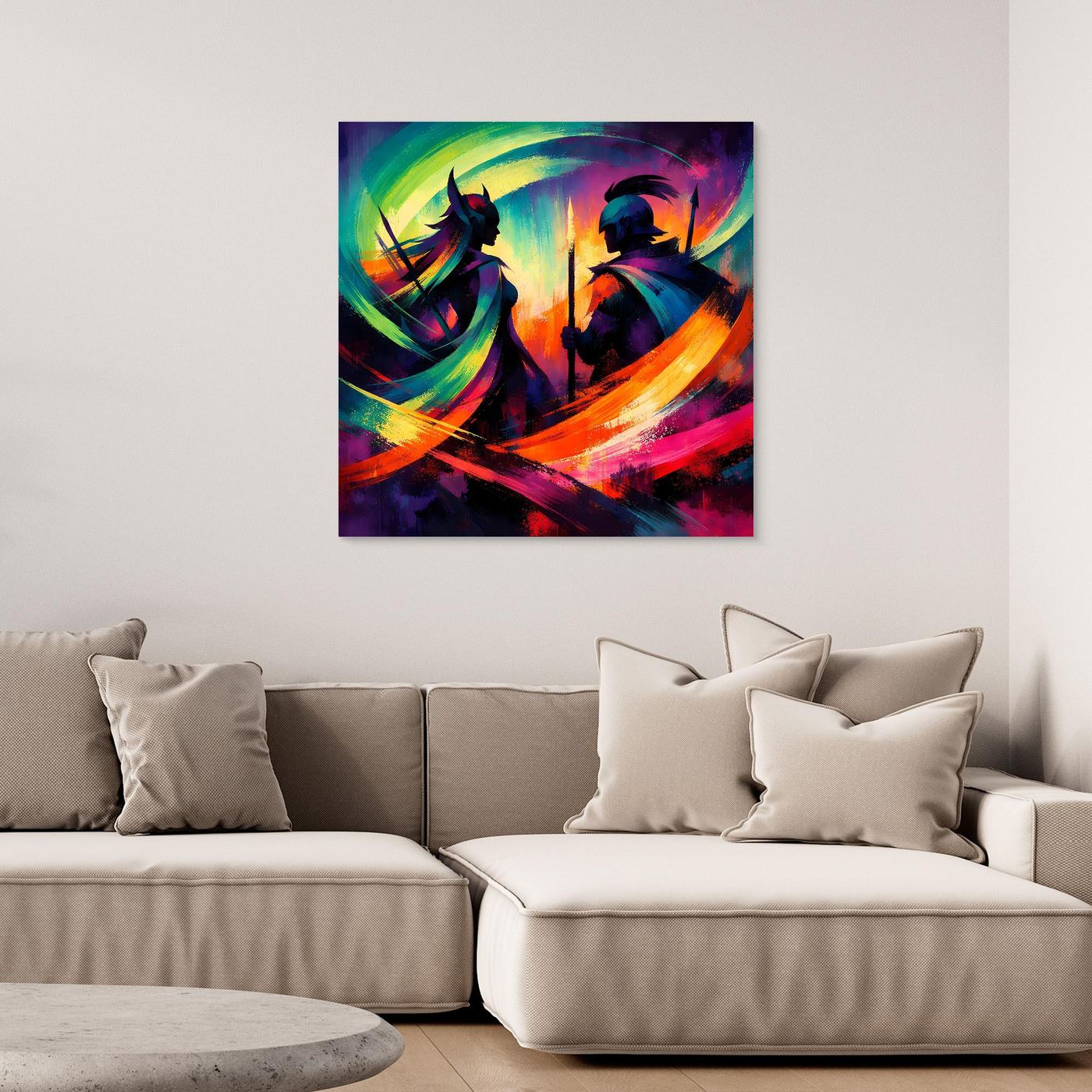 Leinwandbild mit Silhouetten zweier Fantasy-Krieger und bunten abstrakten Farbwirbeln.