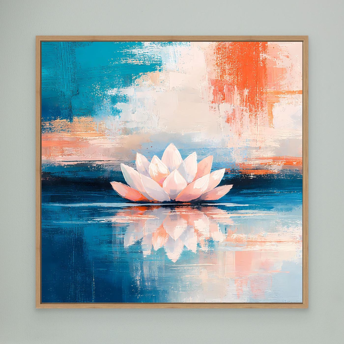 Leinwand Abstrakte Lotusblüte auf dem Wasser | Modernes Seerosen Wandbild Blau Orange