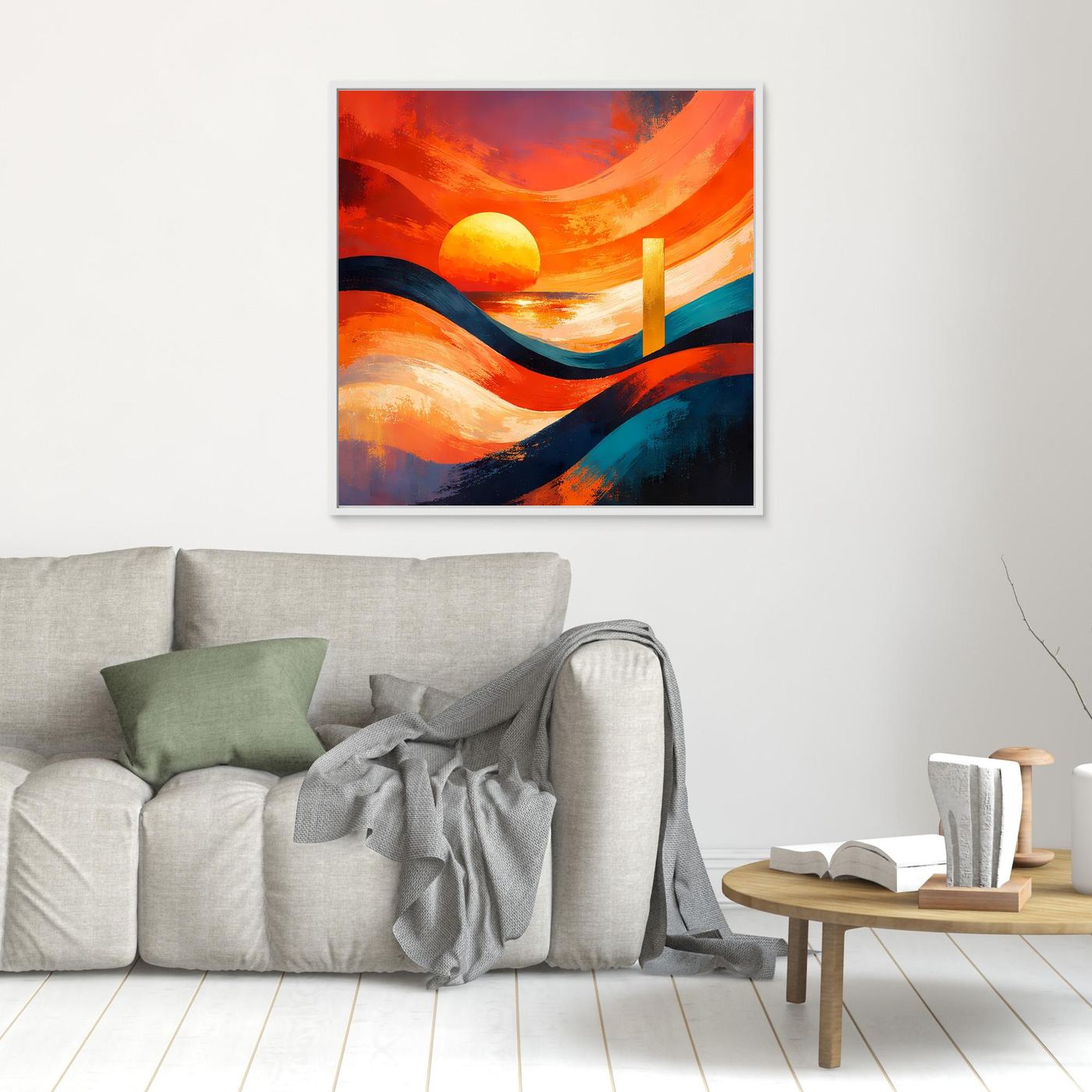 Leinwandbild mit abstraktem Sonnenuntergang: orangefarbene Sonne, Wellenmotive, orange und blau, hellgrauer Rahmen