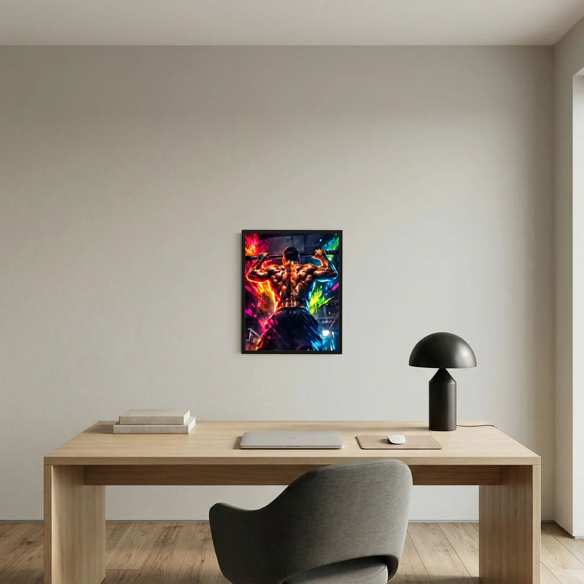 Fitness-Wandbild mit Bodybuilder beim Klimmzug, Neon-Sprayeffekt, schwarz gerahmt