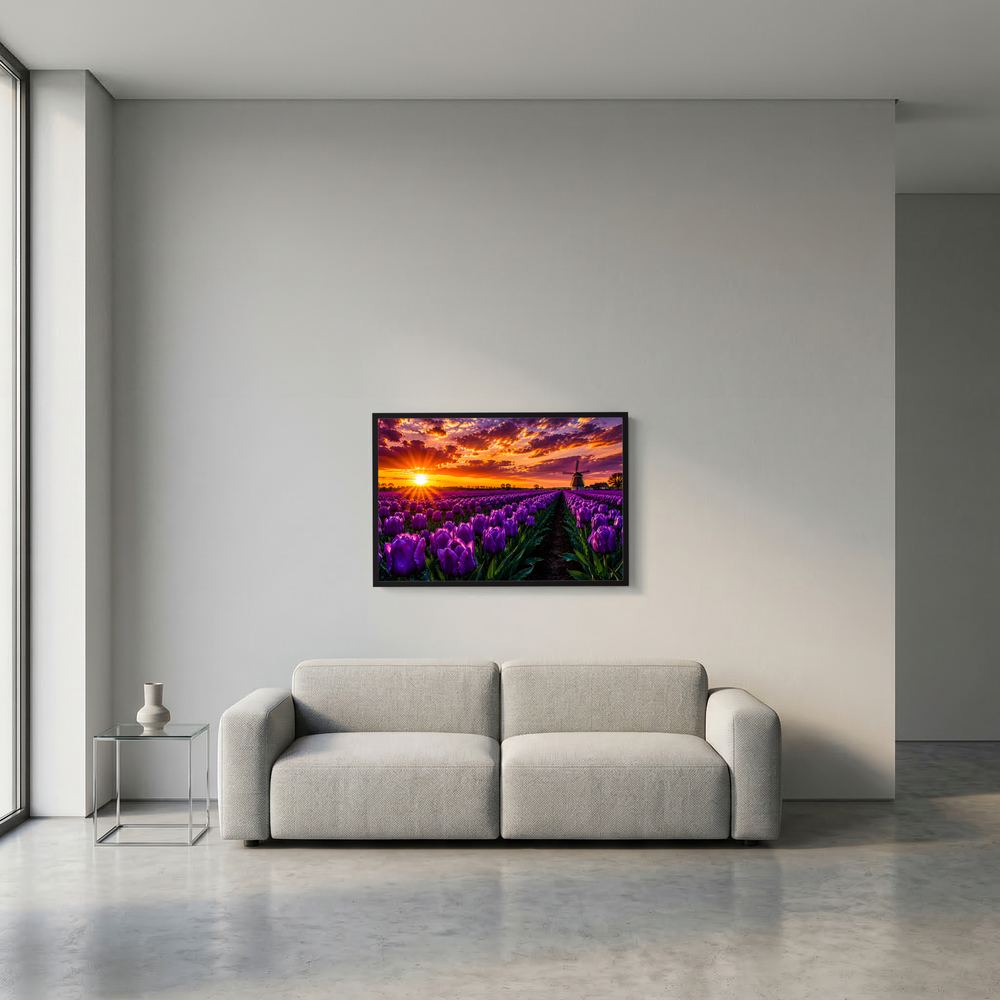 Gerahmtes Poster mit violettem Tulpenfeld, Windmühle und Sonnenuntergang, schwarzer Rahmen