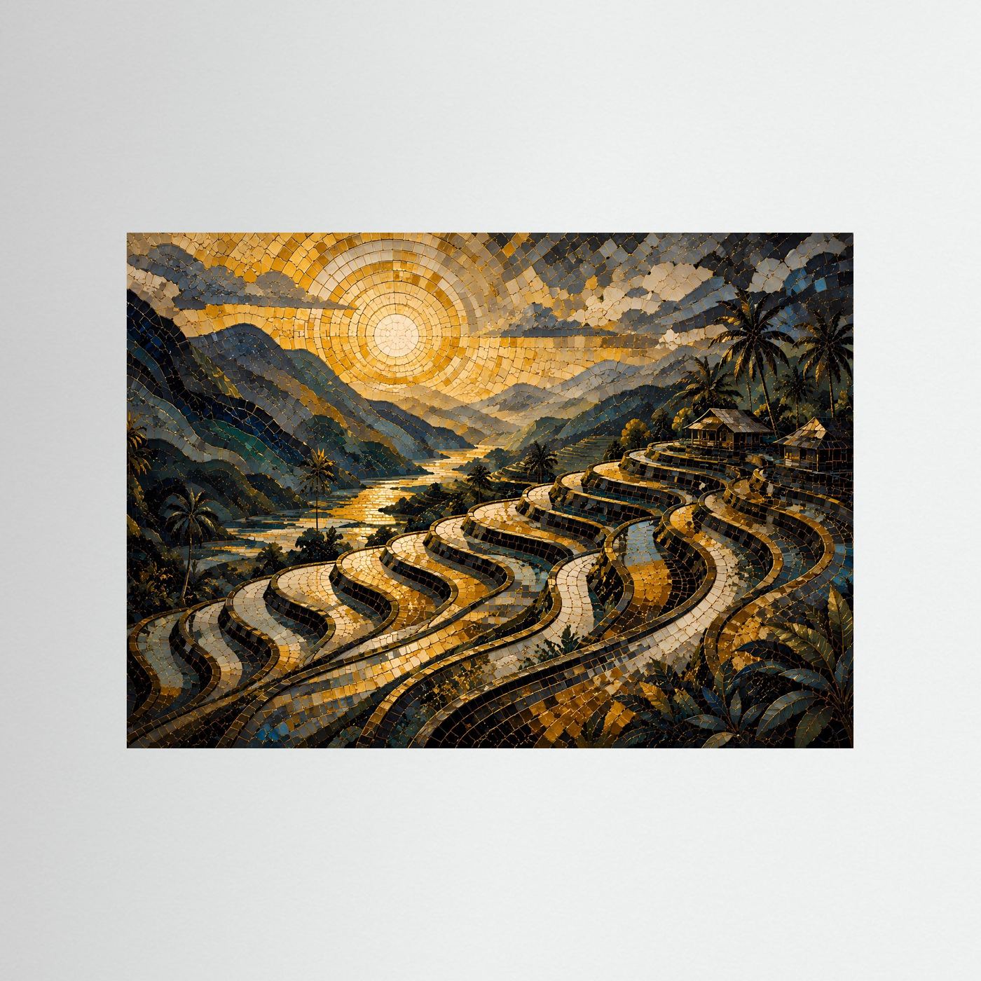 Poster mit Mosaik-Landschaft: goldene Sonne über Reisterrassen und Palmen