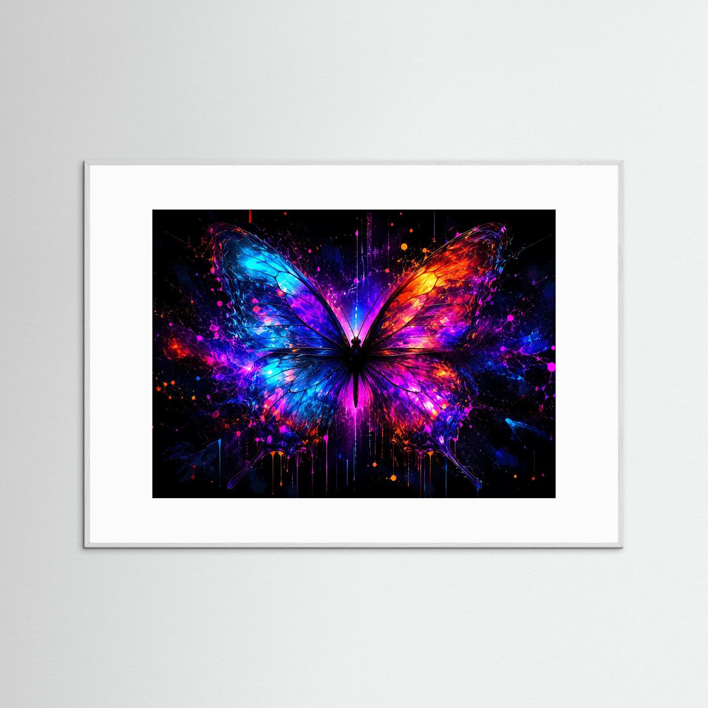 Neon-Schmetterling-Wandposter, Blau-Pink-Orange, weißer Rahmen