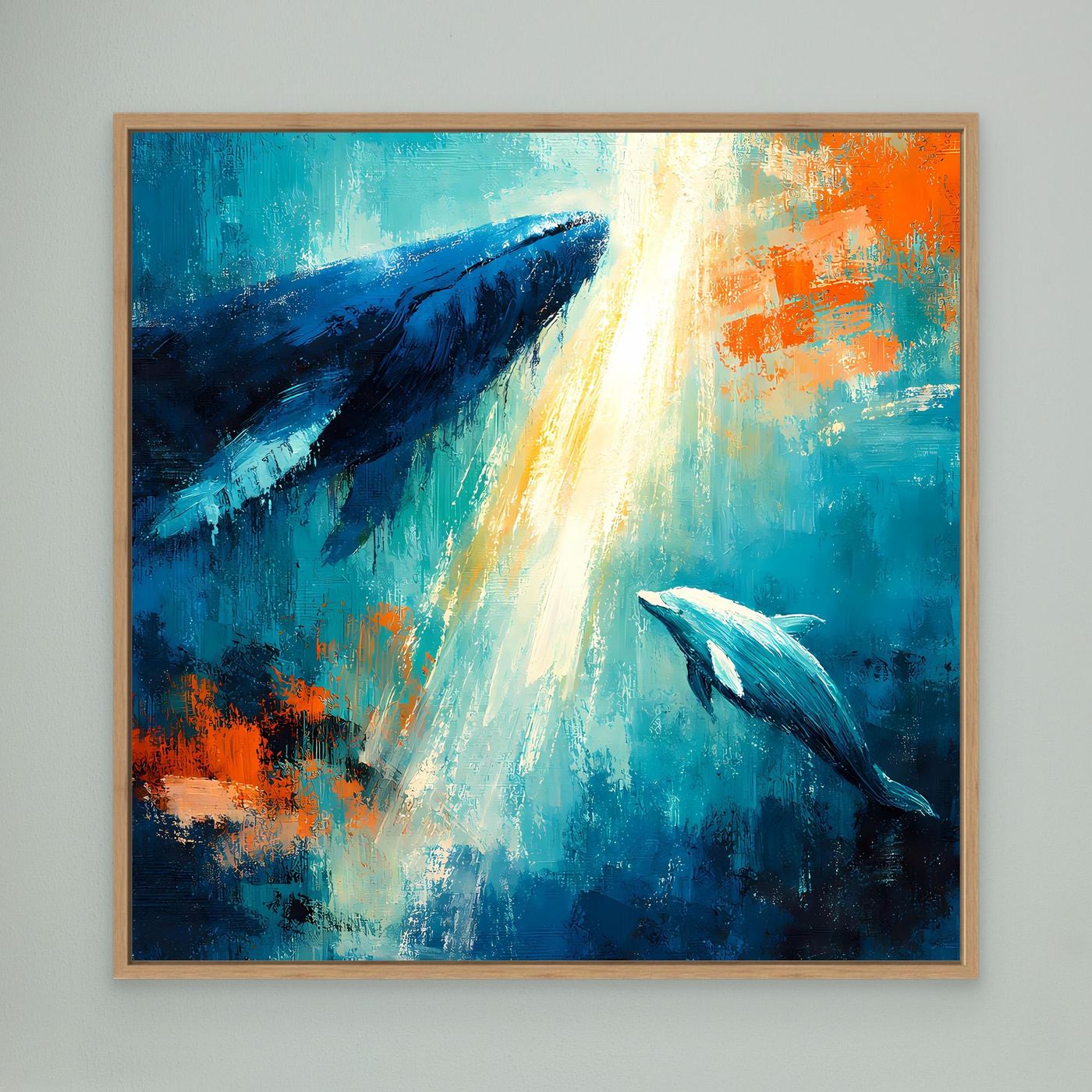 Leinwand Majestätischer Wal und Delfin im Lichtstrahl | Abstraktes Meeres Wandbild