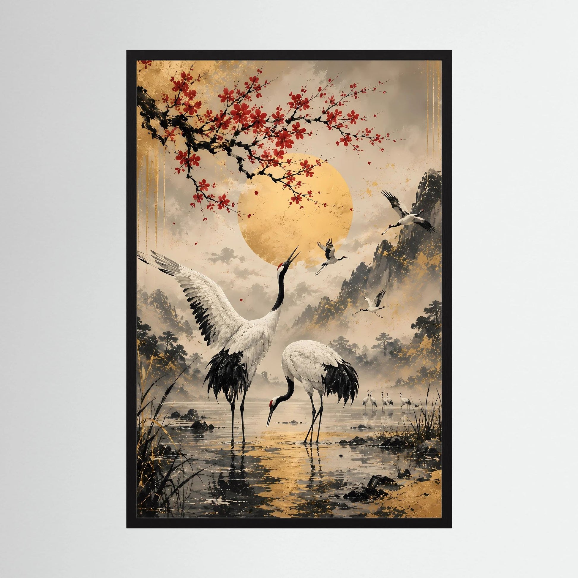 Poster im Hochformat: Kraniche, roter Blütenzweig und goldene Sonne, schwarzer Rahmen
