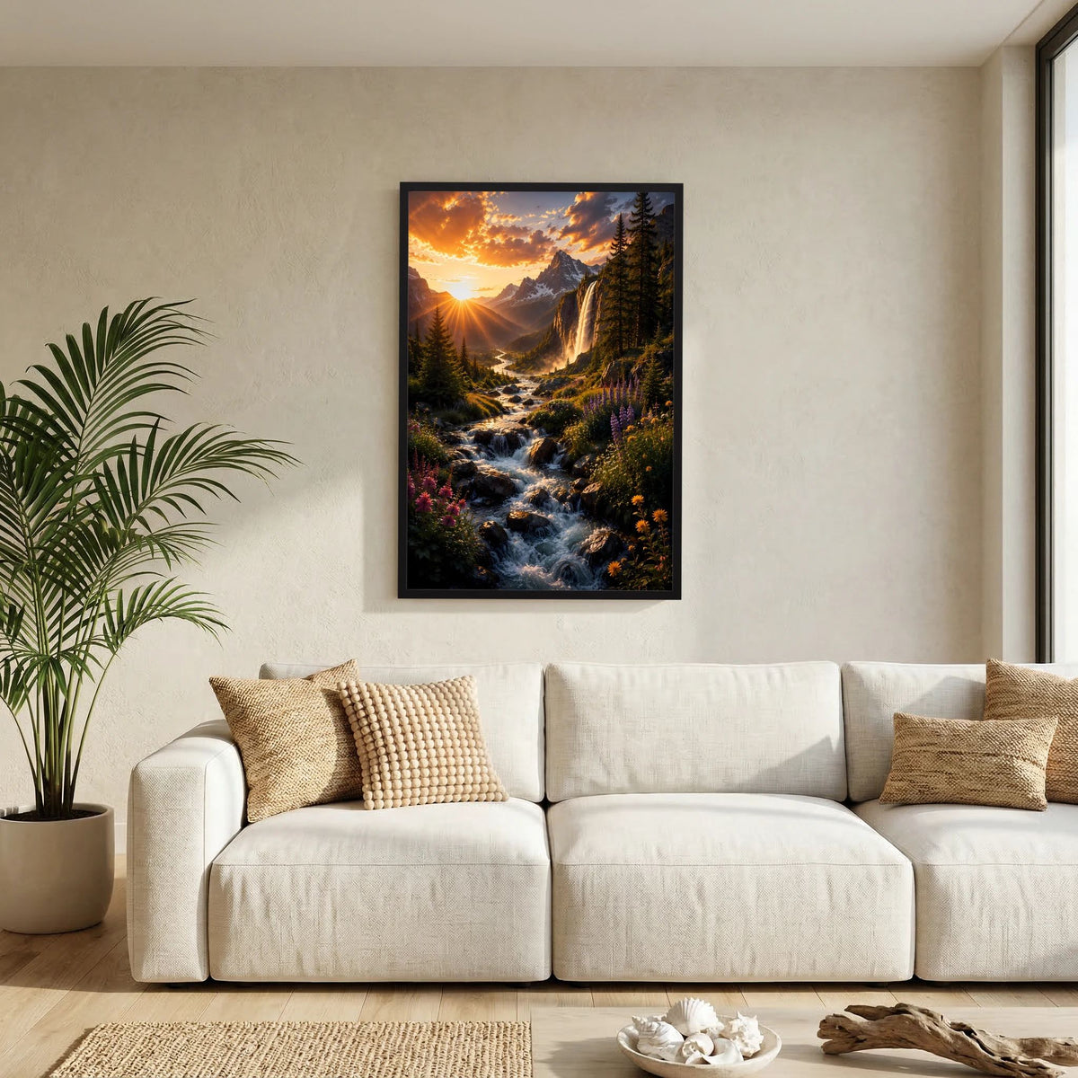 Bergwasserfall im Sonnenuntergang | Alpenlandschaft mit Wildblumen & Gebirgsbach | Poster Hochformat