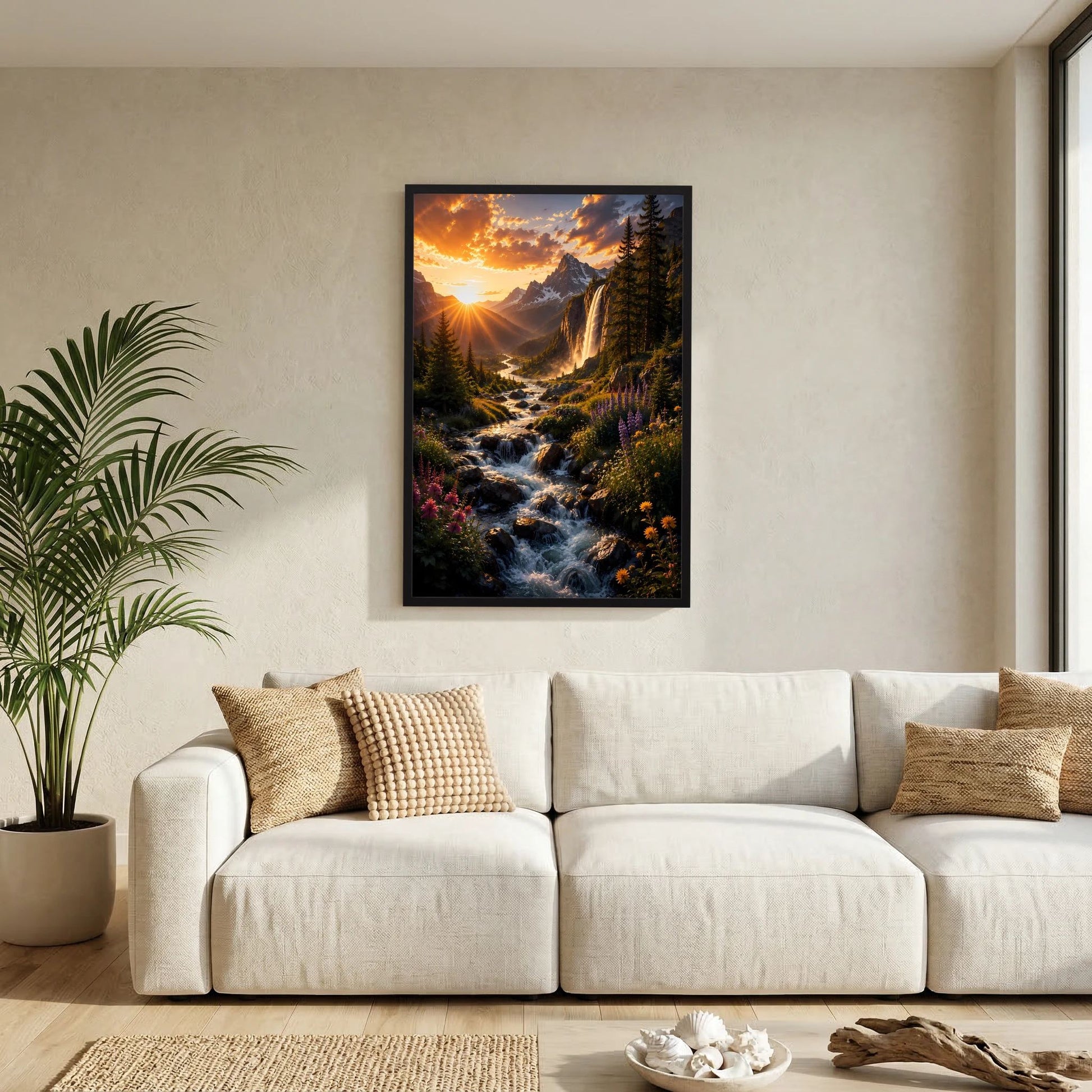 Bergwasserfall im Sonnenuntergang | Alpenlandschaft mit Wildblumen & Gebirgsbach | Poster Hochformat