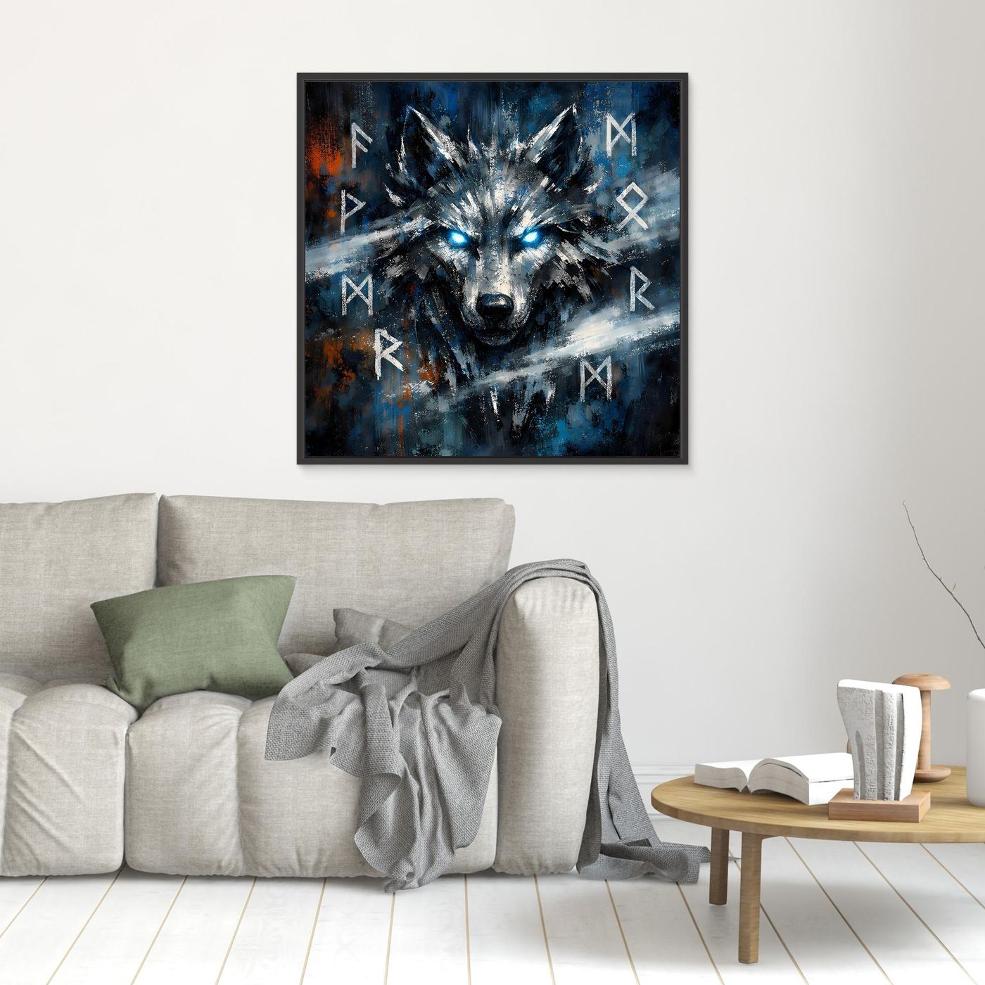 Quadratisches Leinwandbild mit Wolfkopf in Blau-Schwarz und Runen, schwarzer Rahmen