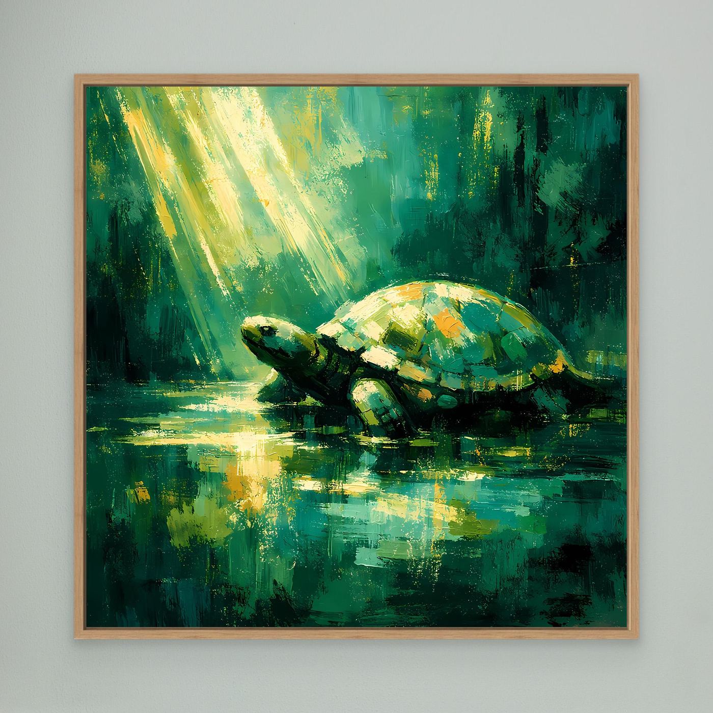 Leinwand Mystische Schildkröte im Lichtstrahl | Abstraktes Natur Wandbild Grün