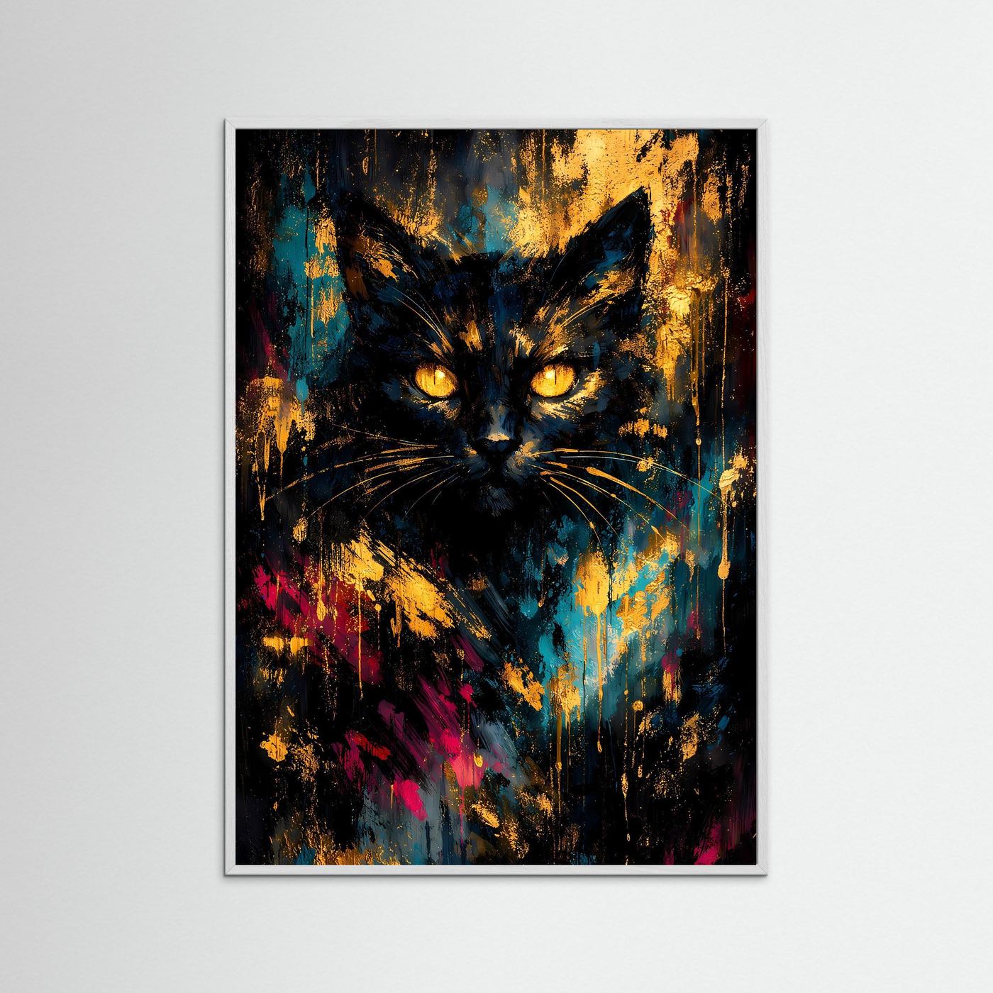 Abstraktes Katzen-Poster mit goldenen Lichtpunkten, leuchtende Augen, schwarzer Rahmen