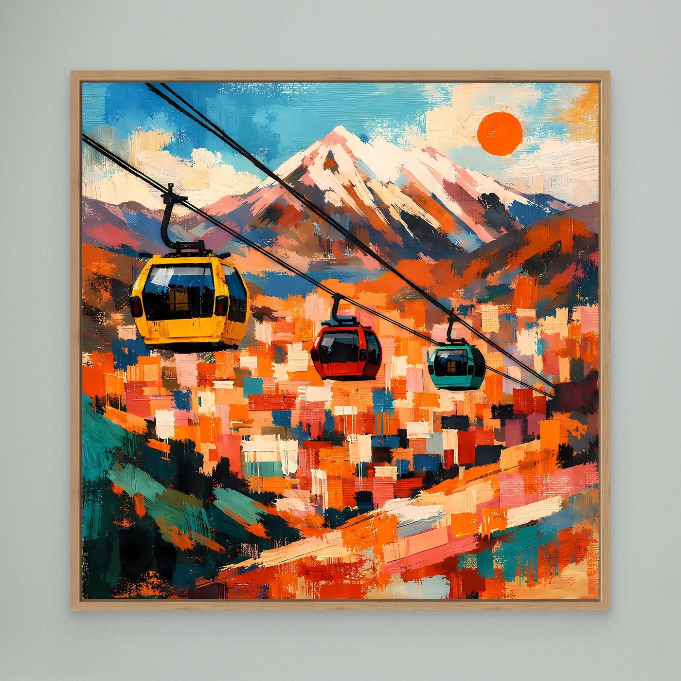 Abstraktes Leinwand-Wandbild mit Seilbahn-Gondeln und Berg, Holzrahmen, farbig