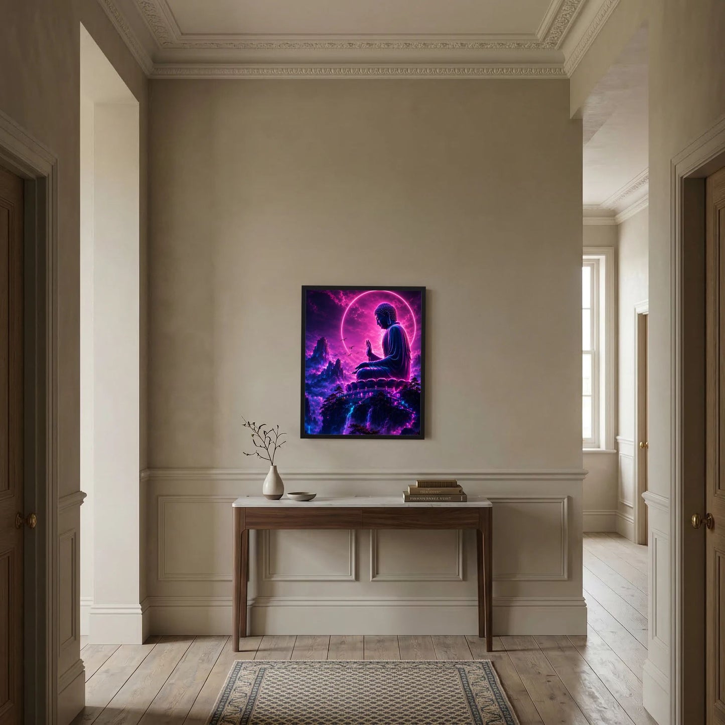 Neon-Buddha-Wandbild in edlem Raum: Leuchtkreis in Pink/Violett, meditierende Figur