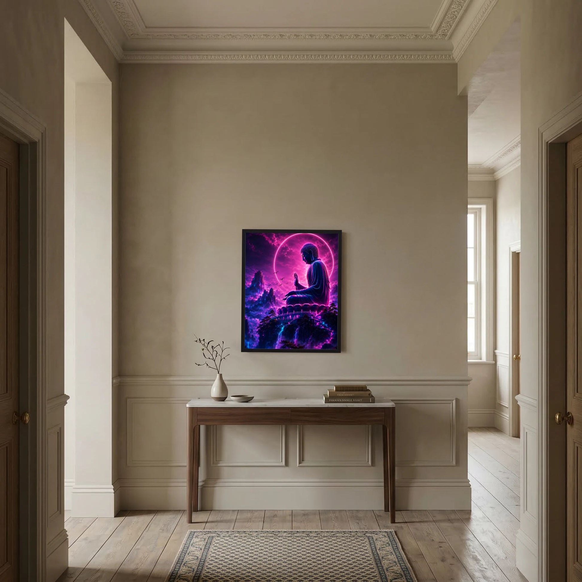 Neon-Buddha-Wandbild in edlem Raum: Leuchtkreis in Pink/Violett, meditierende Figur