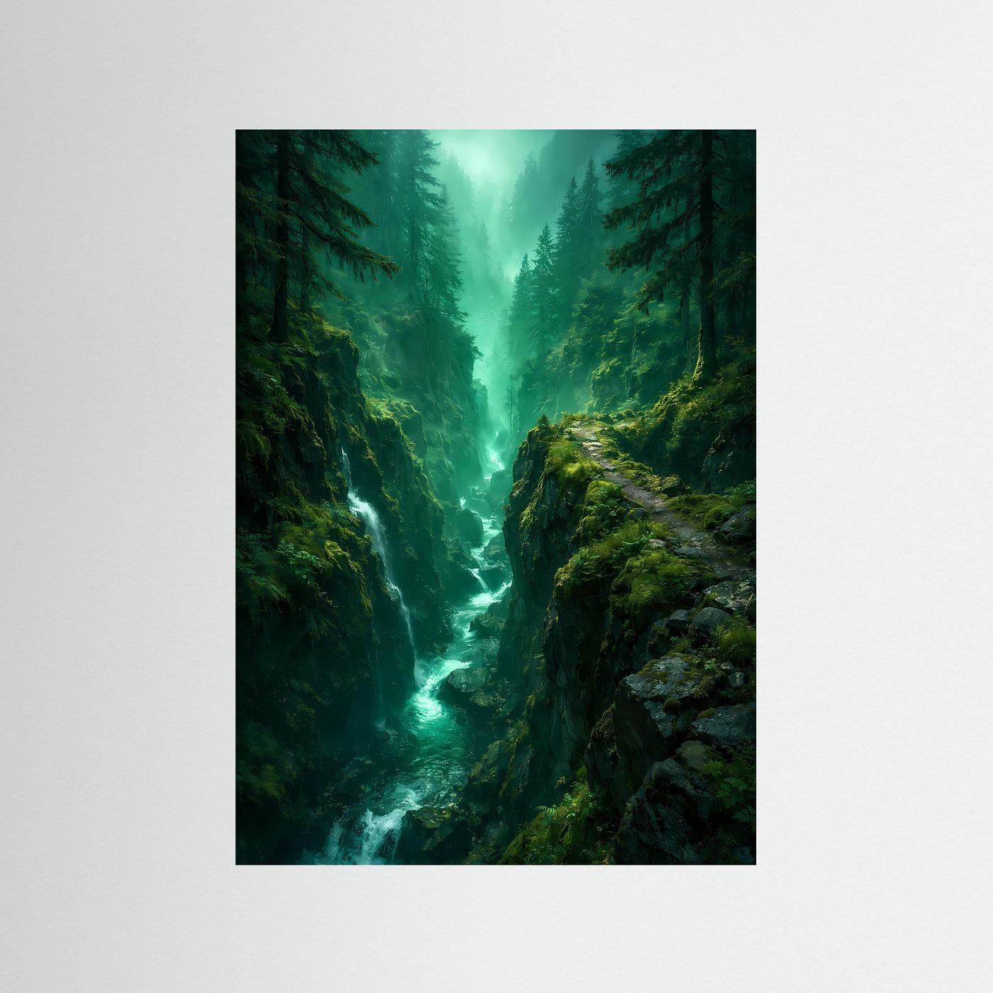 Wald-Poster mit smaragdgrüner Schlucht, Wasserlauf zwischen Tannen und Moosfelsen