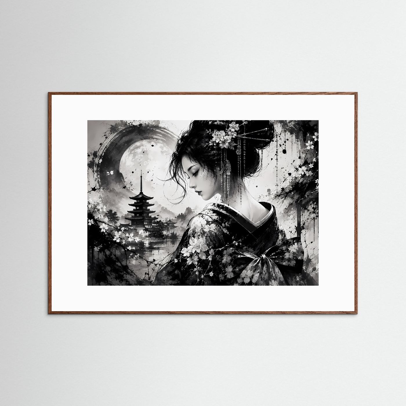 Geisha Poster Schwarz Weiß | Japanische Pagode & Vollmond | Sumi-e Wandbild | Asiatische Zen Kunst | Moderne Japan Wall Art
