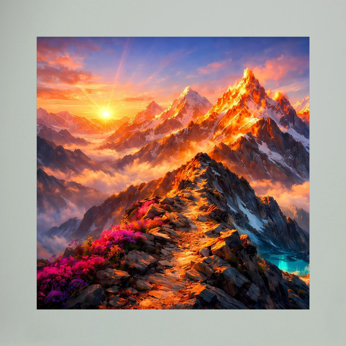 Leinwandbild auf Holzkeilrahmen, Nahansicht der Bergspitzen im Sonnenuntergang.