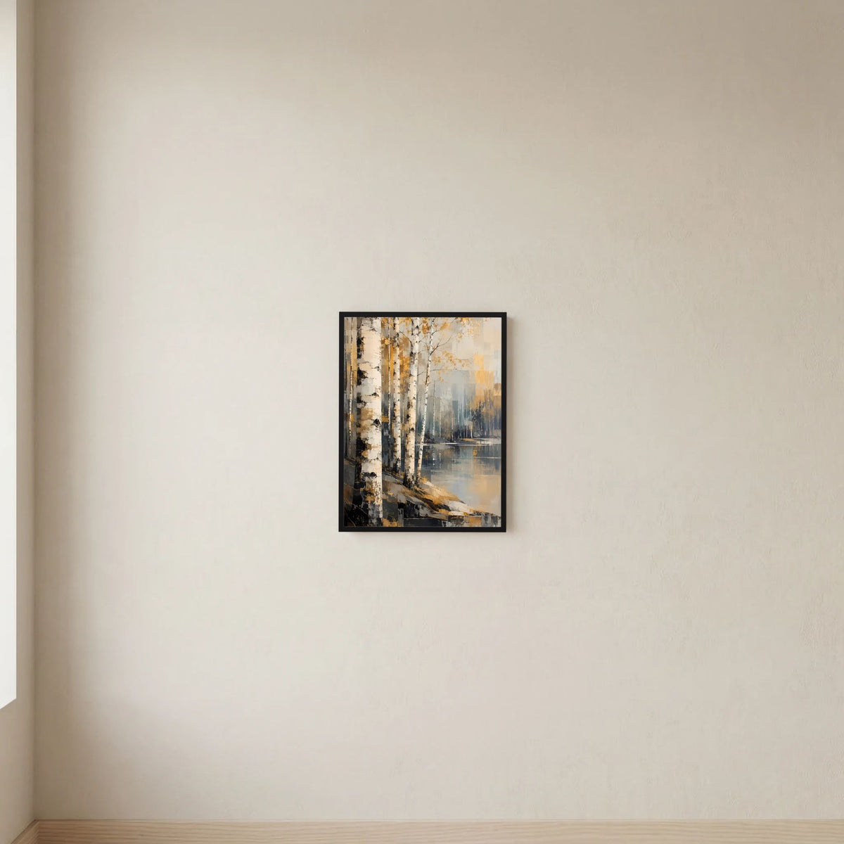 Wandposter mit abstraktem Birkenwald und Wasser, Gold/Beige, schwarzer Rahmen