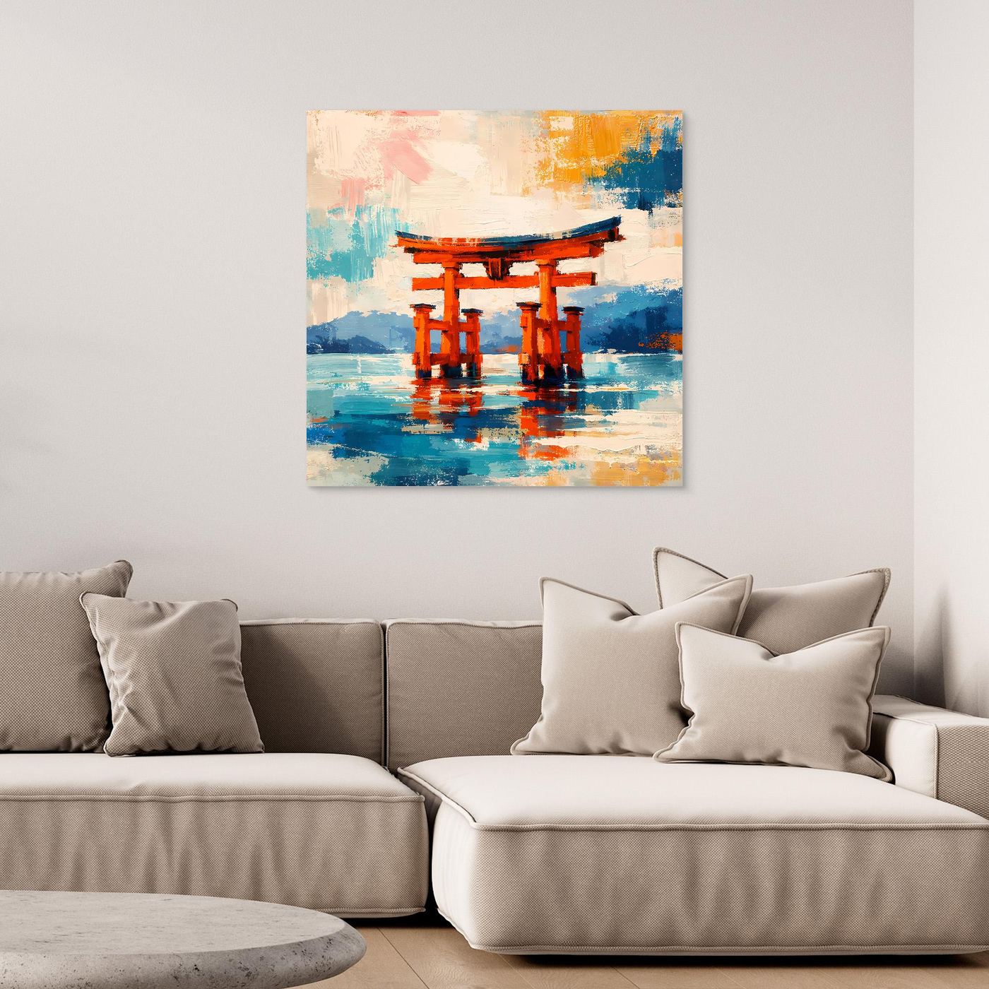 Leinwandbild Japanisches Torii-Tor im Meer | Abstraktes Kultur Wandbild auf echtem Holzkeilrahmen