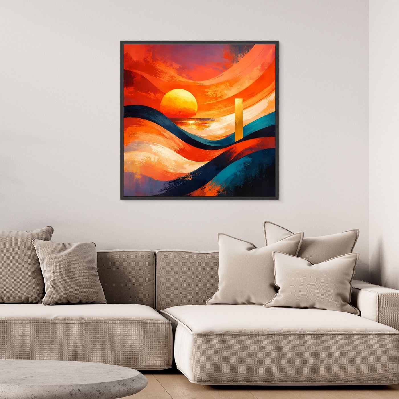 Leinwandbild abstraktes Meer mit orangeblauem Sonnenuntergang, blauen Wellen und schwarzem Rahmen