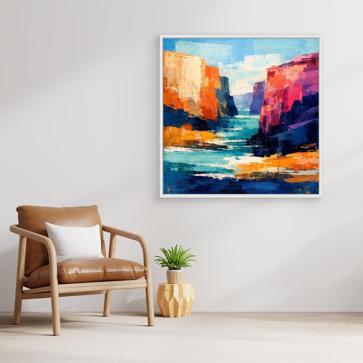 Abstraktes Leinwand-Wandbild mit Canyon- und Flussmotiv in Blau, Rot und Orange