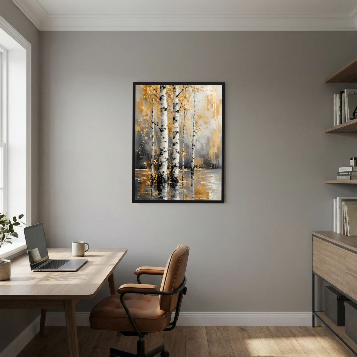 Poster mit abstraktem Birkenmotiv in Weiß und Gold, schwarzer Bilderrahmen