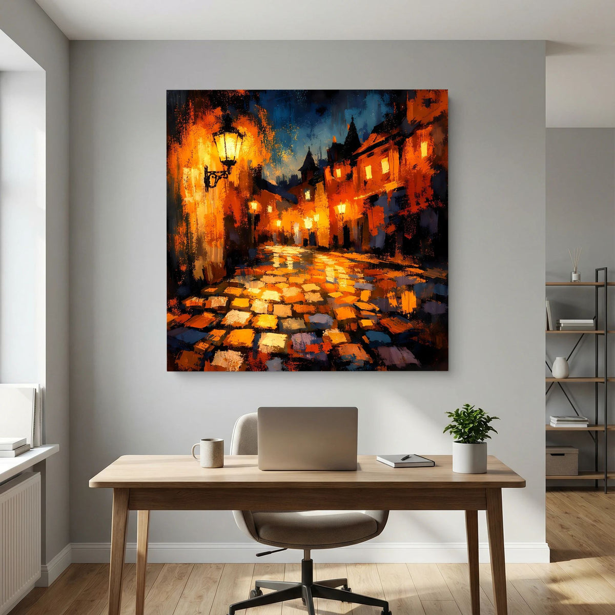 Leinwand Abstraktes Altstadt Gemälde | Modernes Romantisches Gassen Wandbild bei Nacht