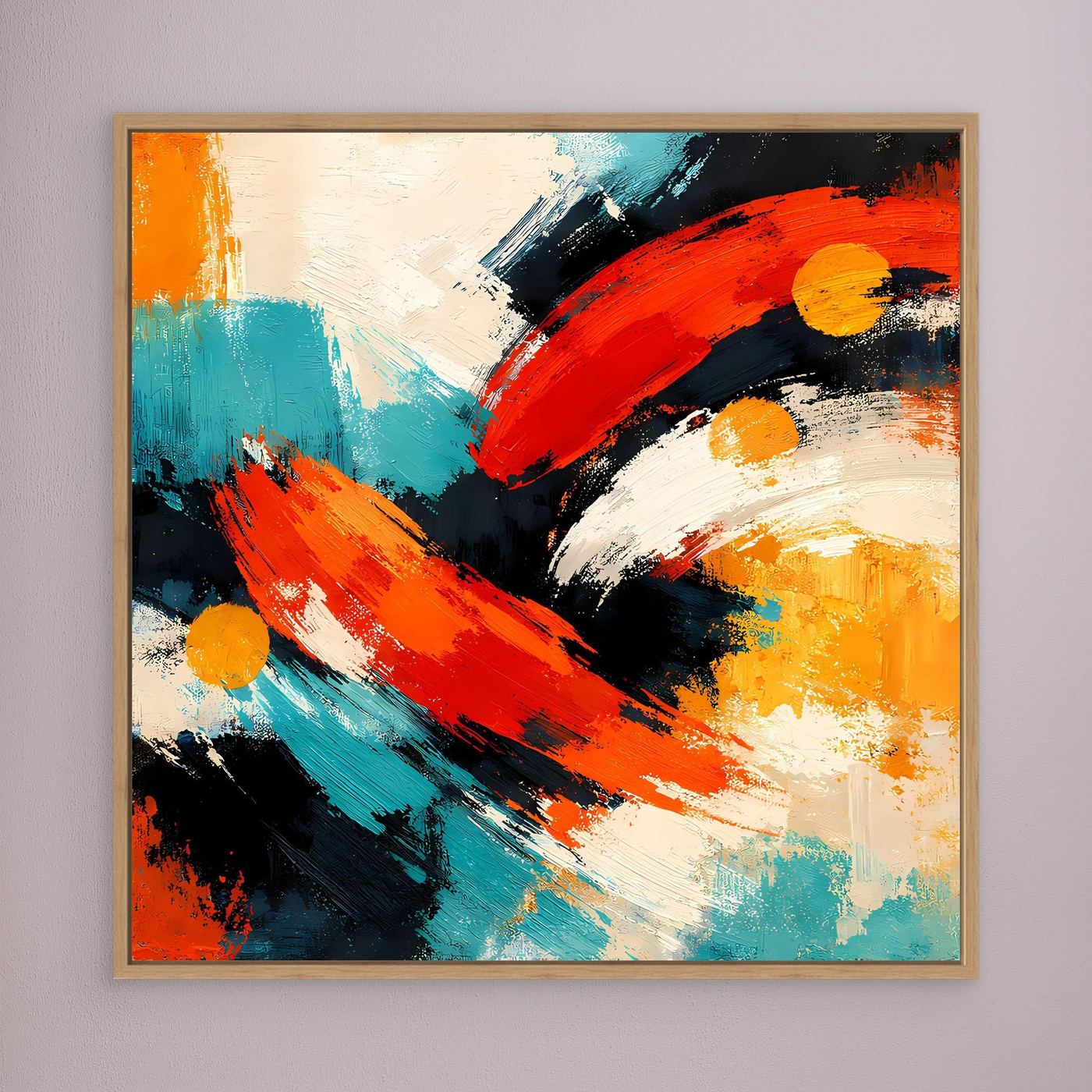 Abstraktes Leinwandbild mit dynamischen Pinselstrichen in Orange, Rot, Türkis, goldbraun gerahmt