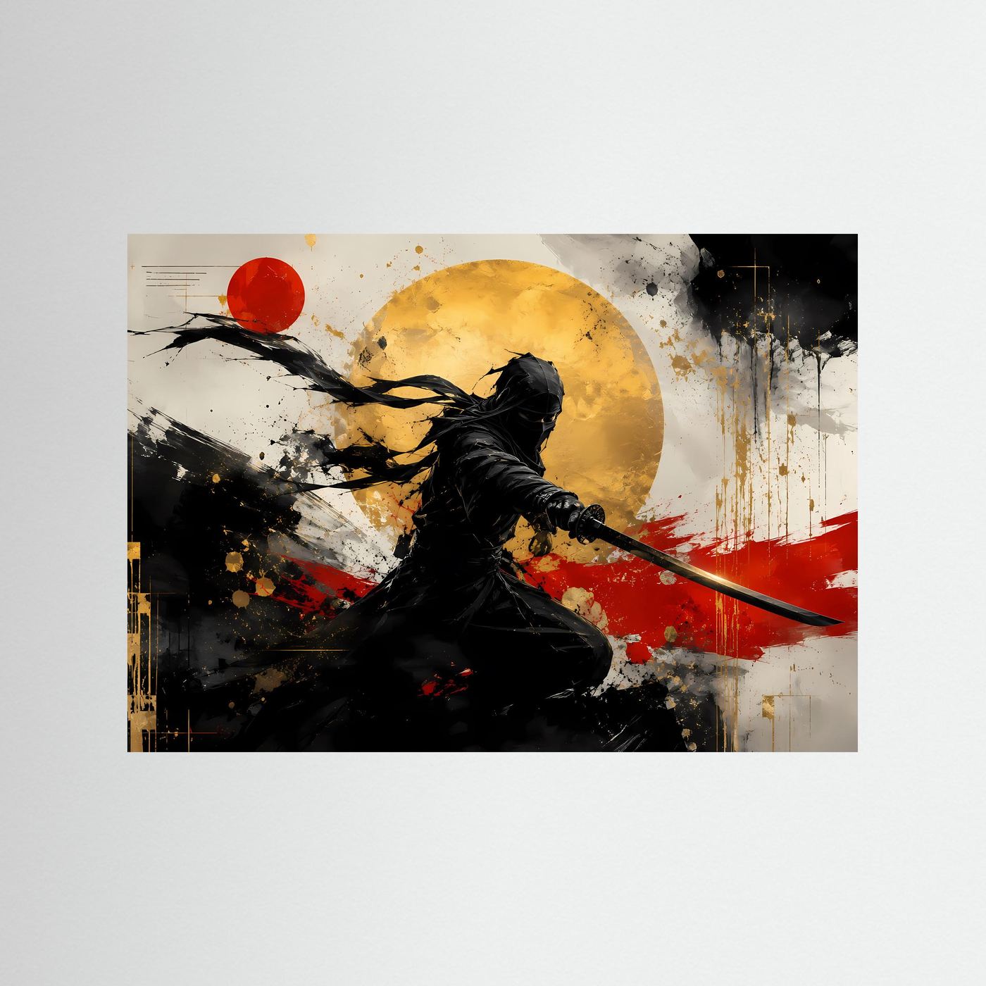 Schatten des Samurai | Japanisches Action & Ink Art Poster mit Gold- und Rot-Akzenten