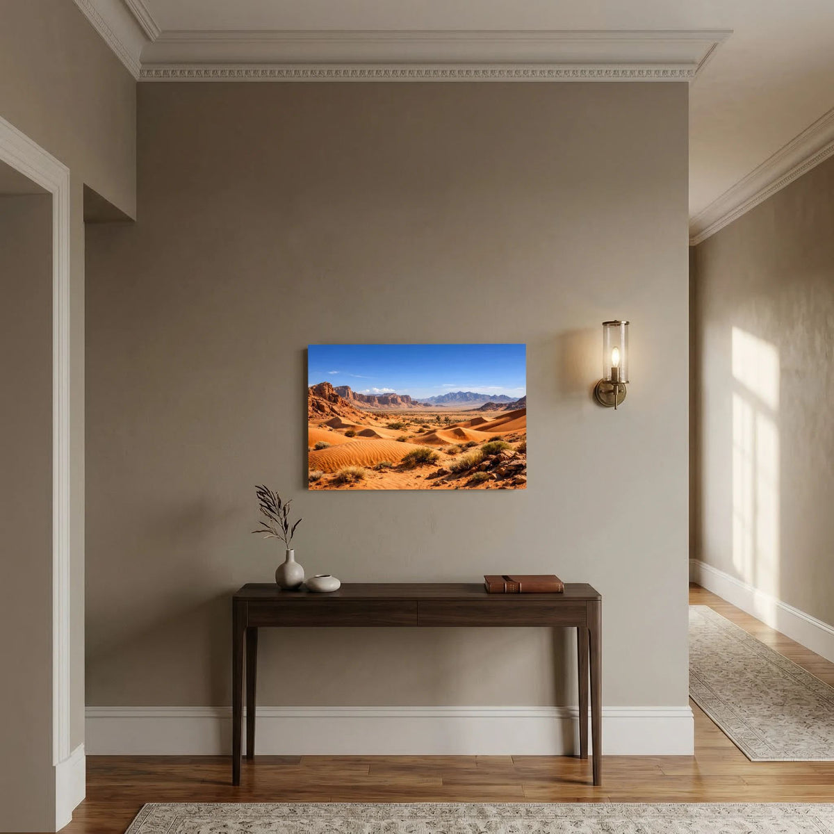 Poster mit Wüstenlandschaft und Sanddünen, rechteckig im Querformat