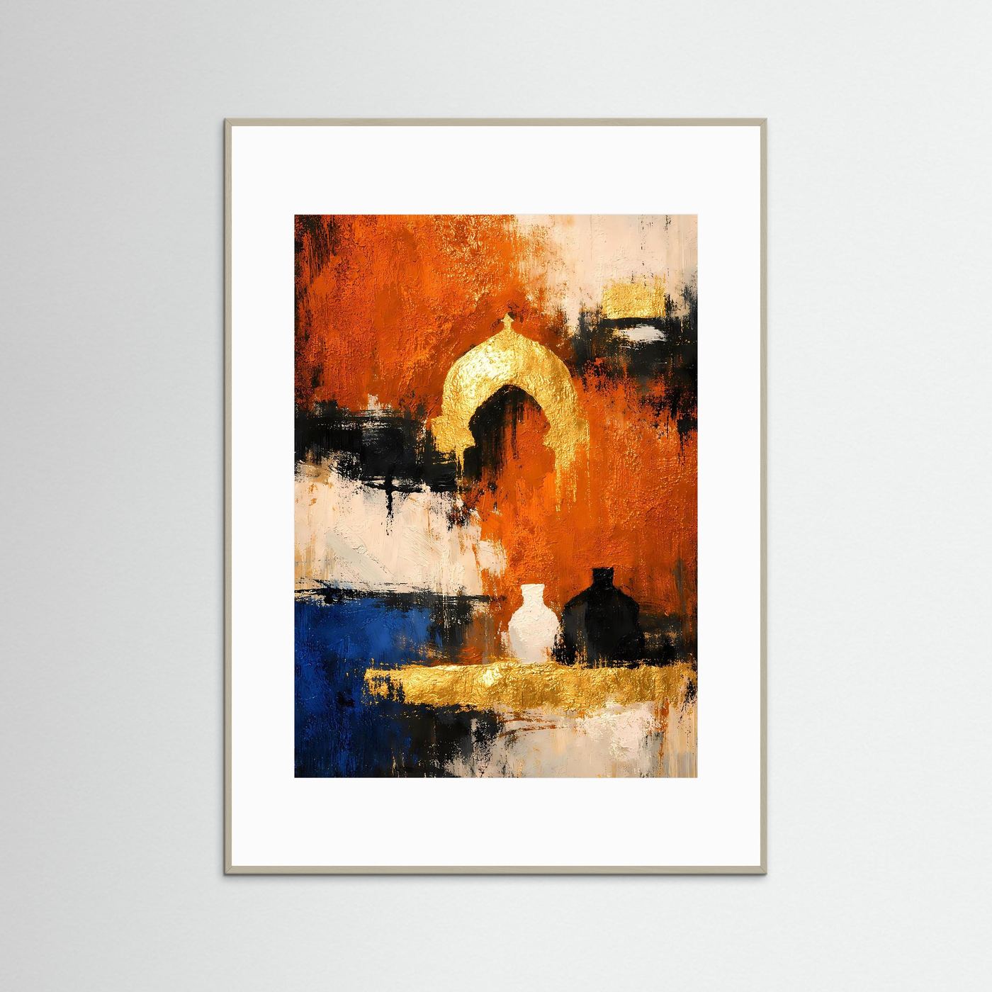 Abstraktes Wandbild: grauer Rahmen, goldener Bogen, Orange, Blau und schwarze Formen