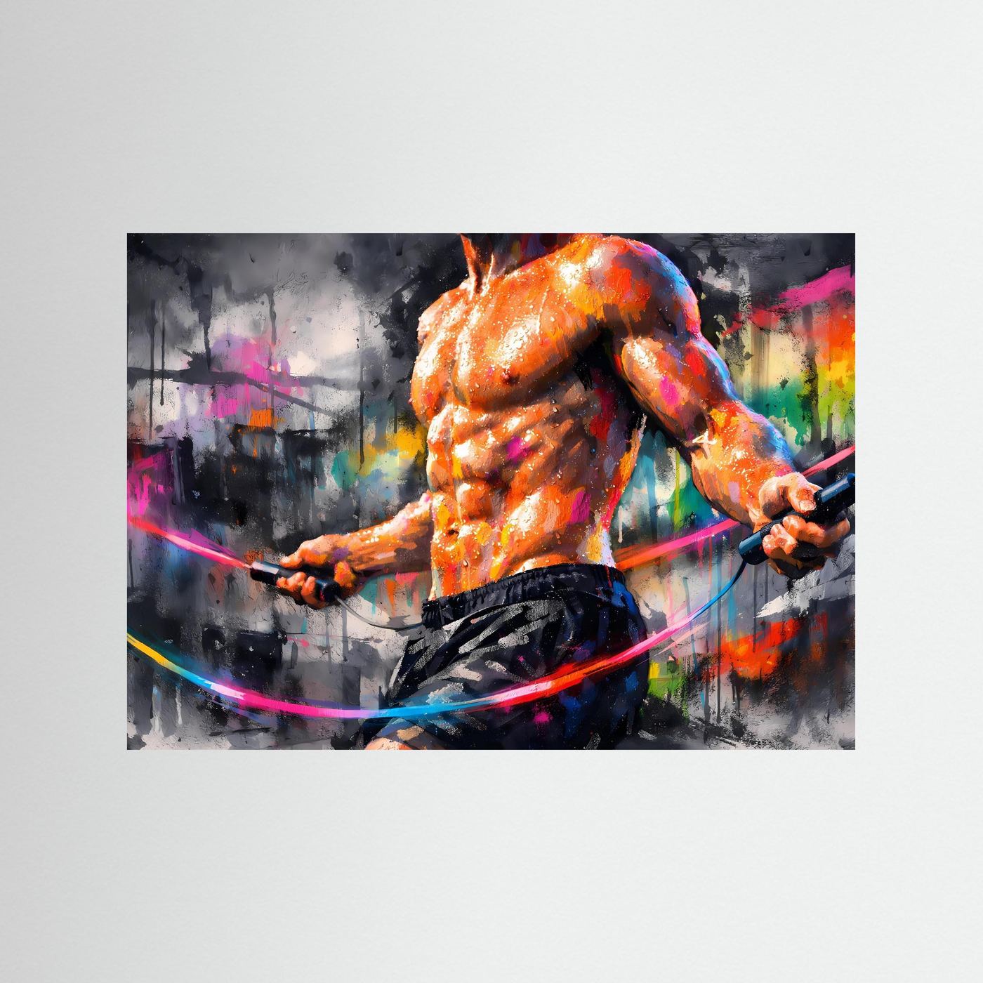 Fitness-Kunstposter im Querformat mit muskulöser Figur in Orange, Neonlinien im Graffiti-Stil.