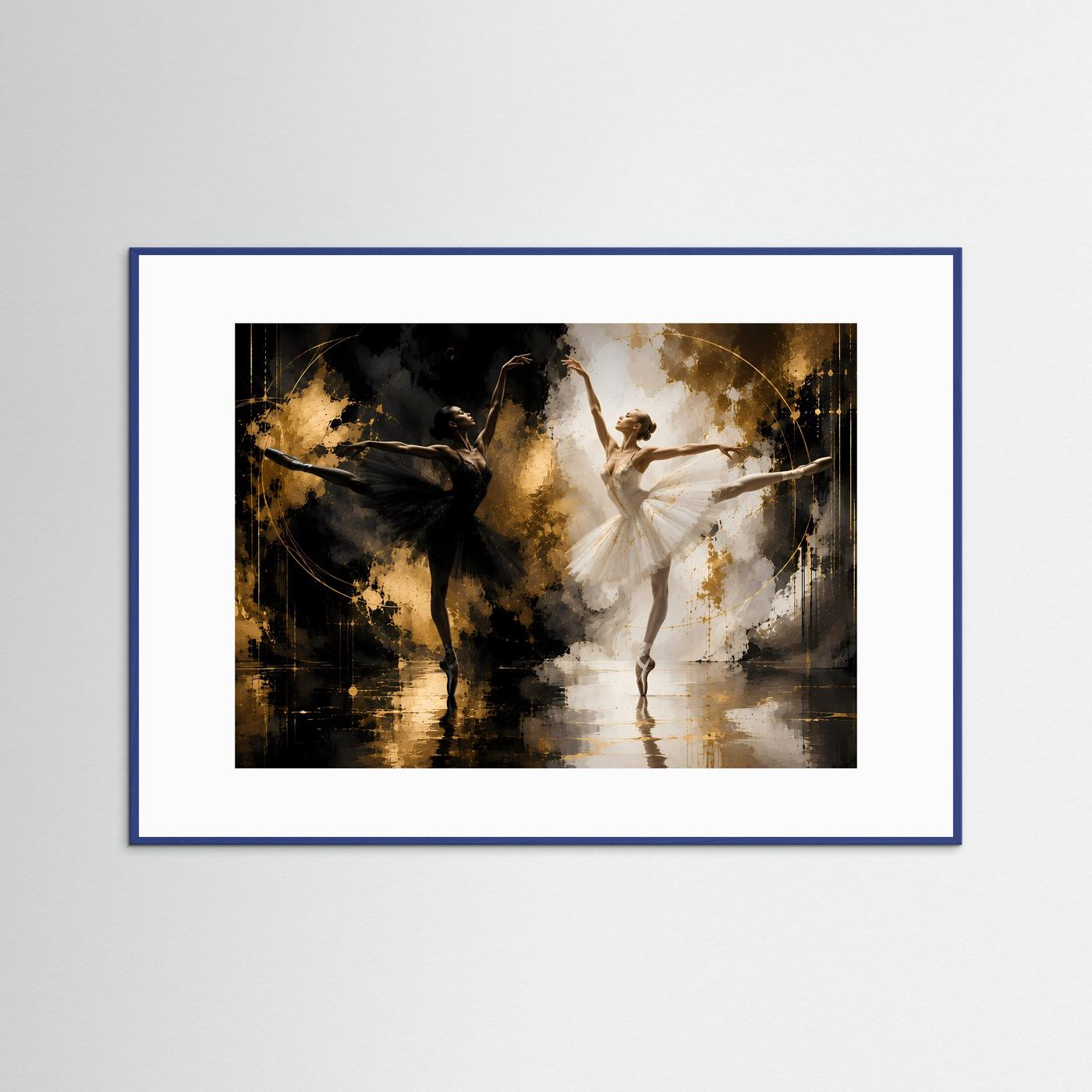 Querformat-Poster mit Tänzerin in Schwarz/Weiß und goldener Abstraktion, blauer Rahmen
