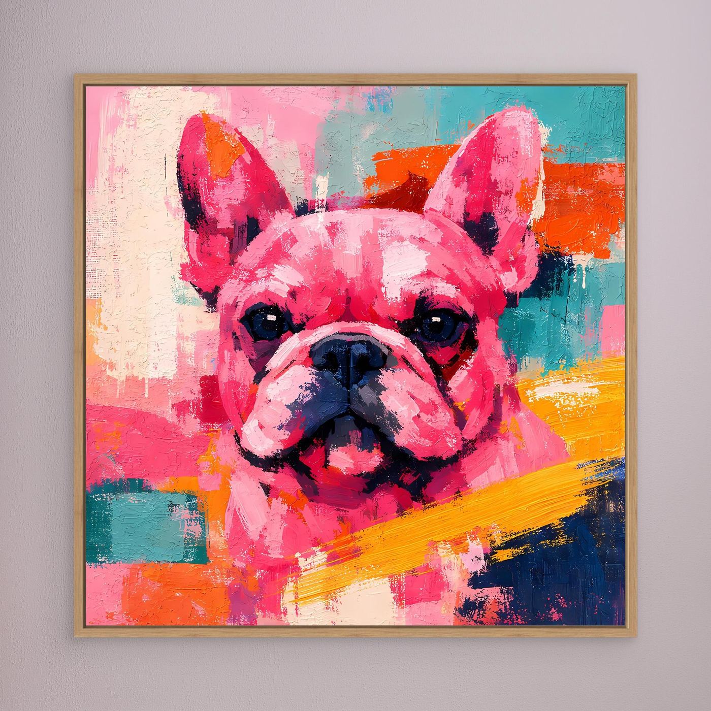 Leinwandbild mit Pop-Art Französischer Bulldogge, farbiges Portrait, quadratisch, Holzrahmen