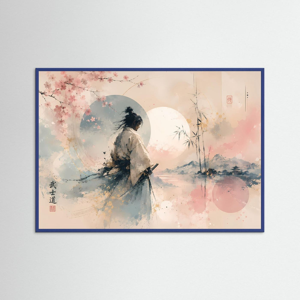 Blau gerahmter Kunstdruck: Samurai in Pastellkirschblüten, Bambus und Mond